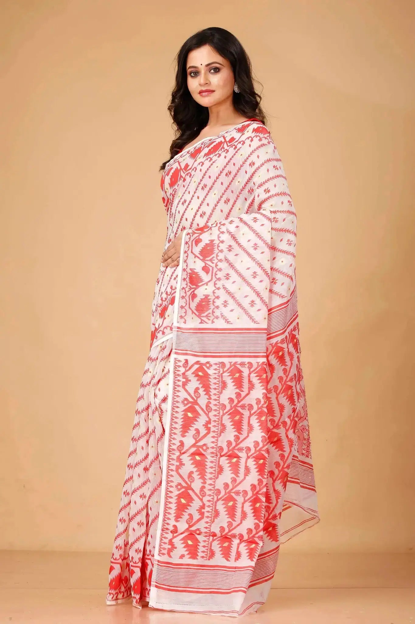 Red- Bengal Handloom Festive & Traditional Wear Soft Jamdani Saree
