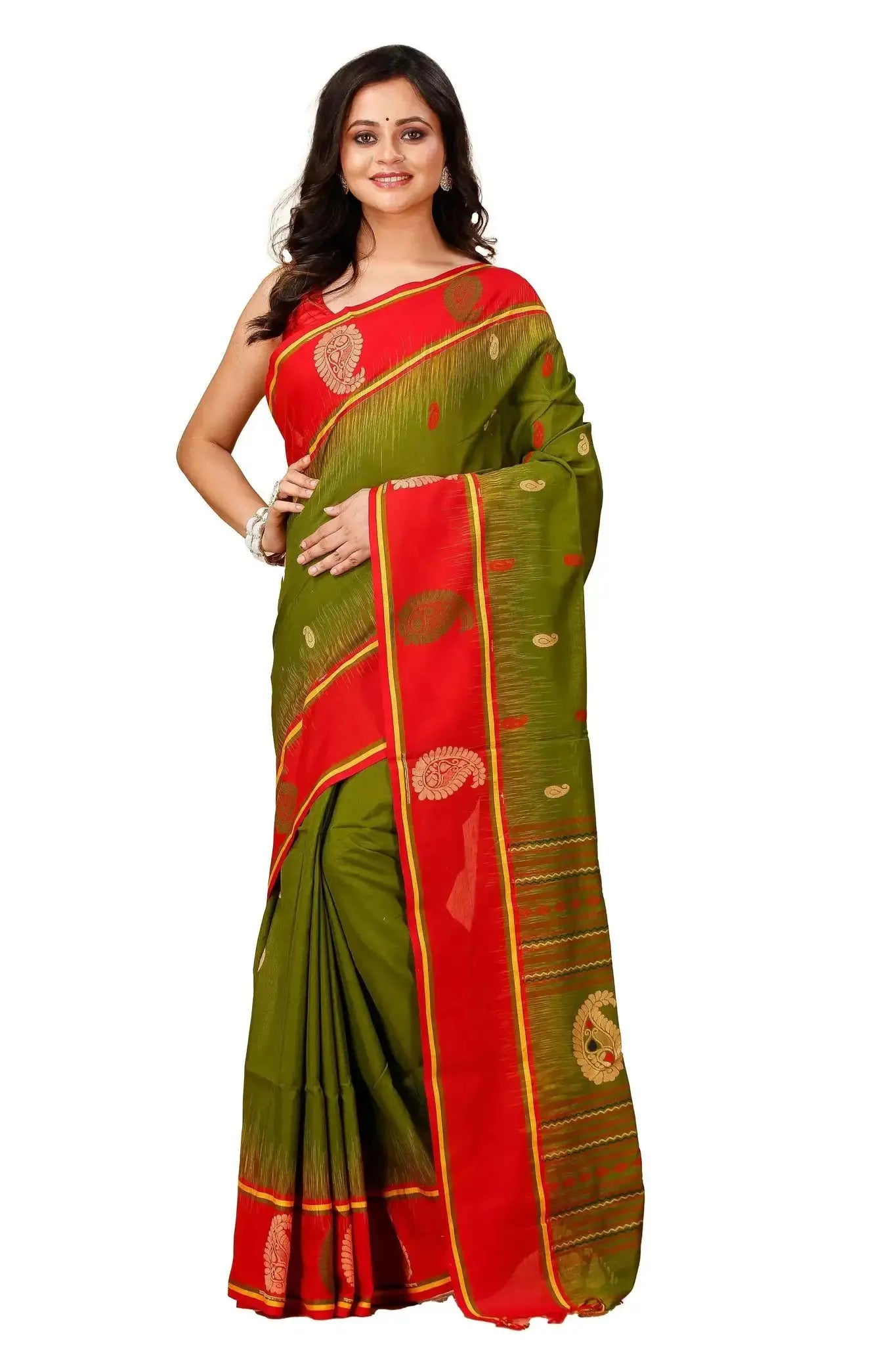 Green & Red- Traditional Motifs Graceful Handwoven Manipuri Cotton Saree