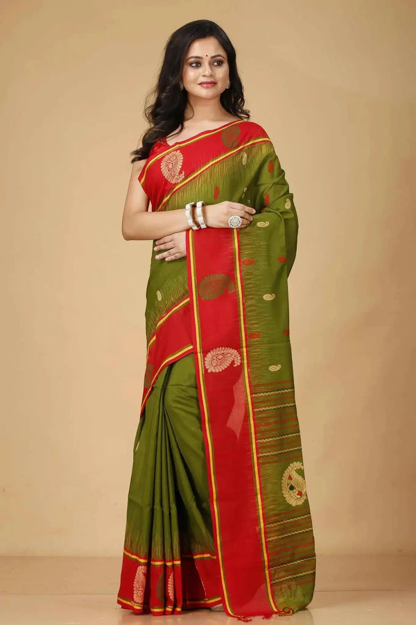 Green & Red- Traditional Motifs Graceful Handwoven Manipuri Cotton Saree