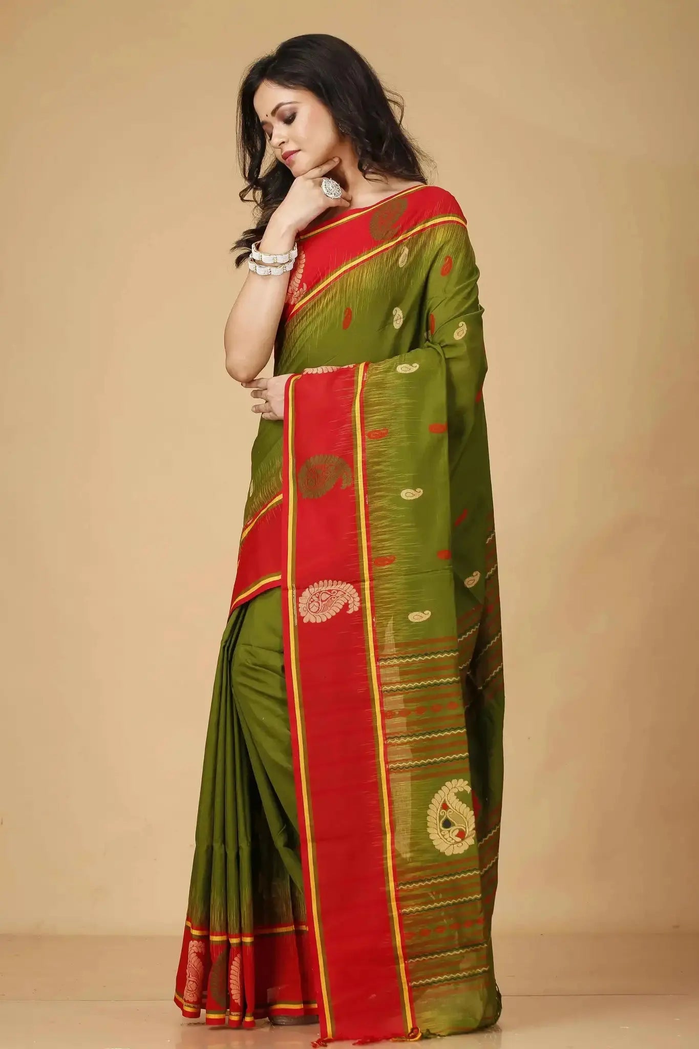 Green & Red- Traditional Motifs Graceful Handwoven Manipuri Cotton Saree