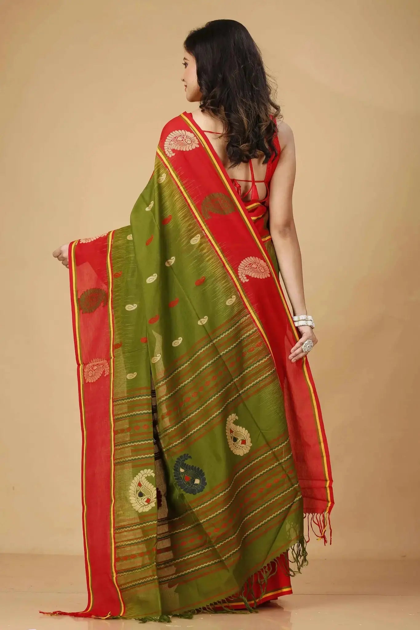 Green & Red- Traditional Motifs Graceful Handwoven Manipuri Cotton Saree