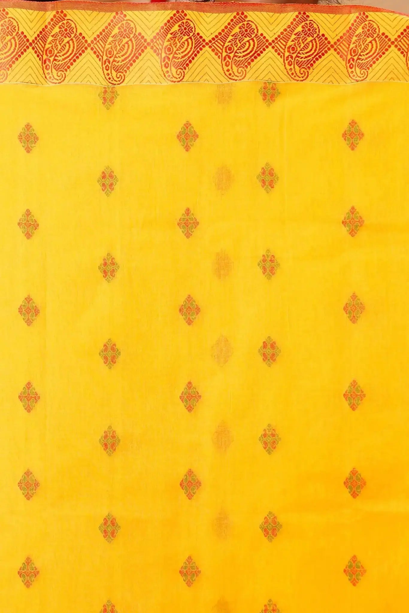 Yellow- Pure Cotton Bengal Handloom Saree With Geometric Border and Motif Pallu