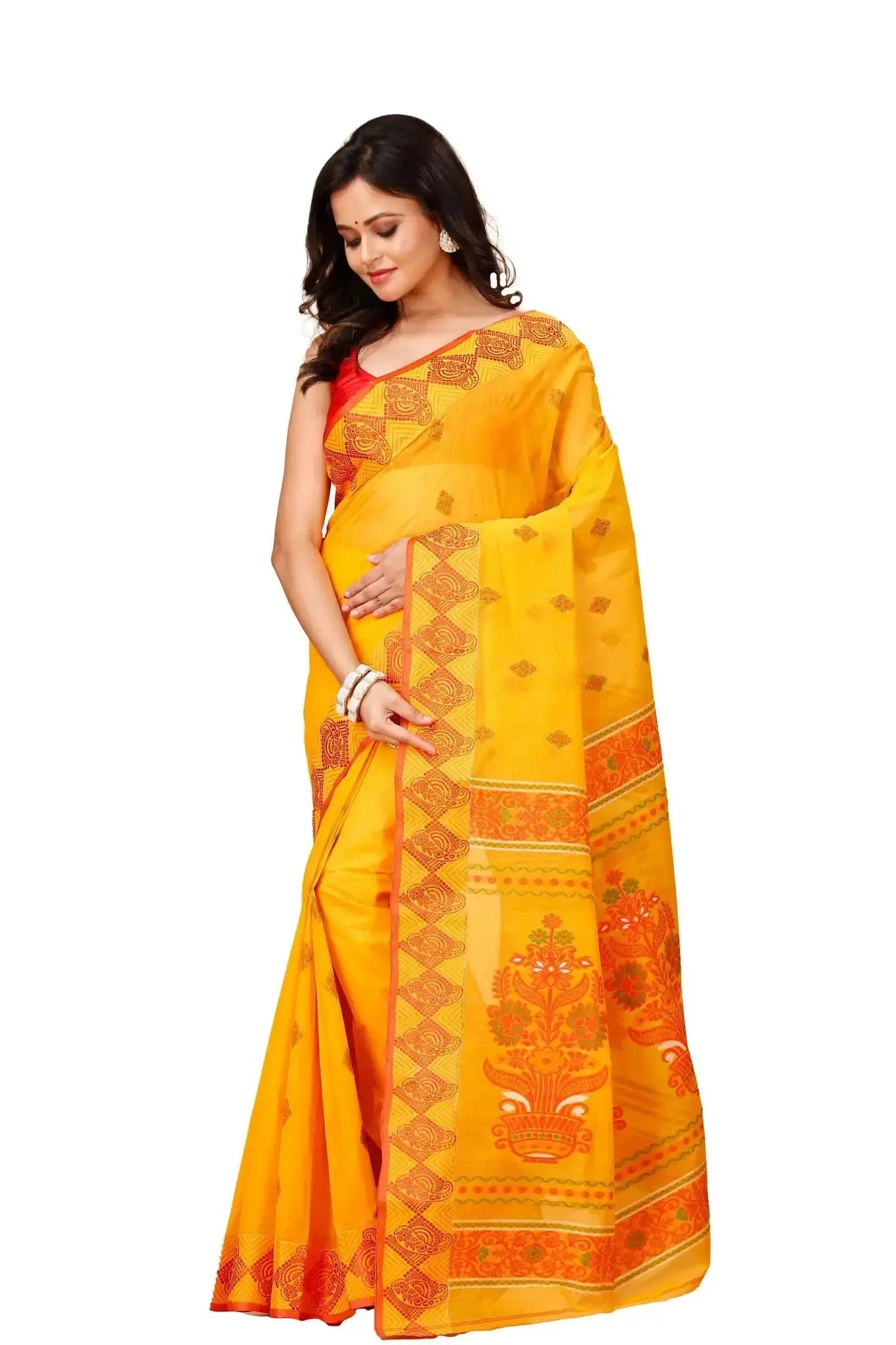 Yellow- Pure Cotton Bengal Handloom Saree With Geometric Border and Motif Pallu