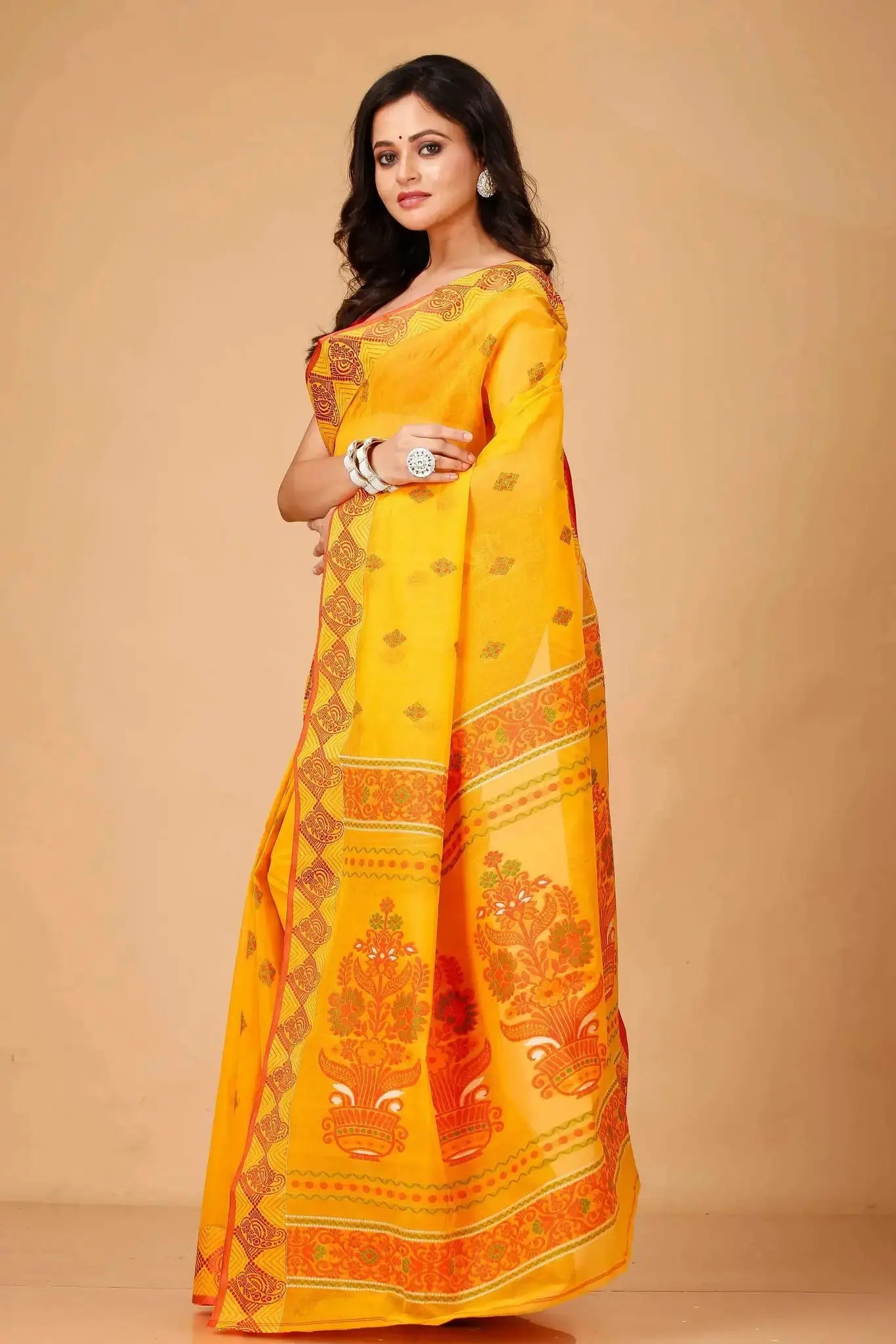 Yellow- Pure Cotton Bengal Handloom Saree With Geometric Border and Motif Pallu