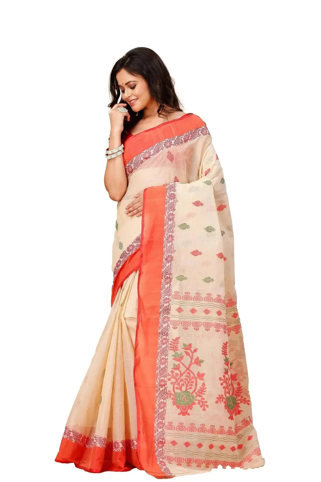 Light Orange- Pure Cotton Bengal Handloom Handwoven Saree With Orange Border