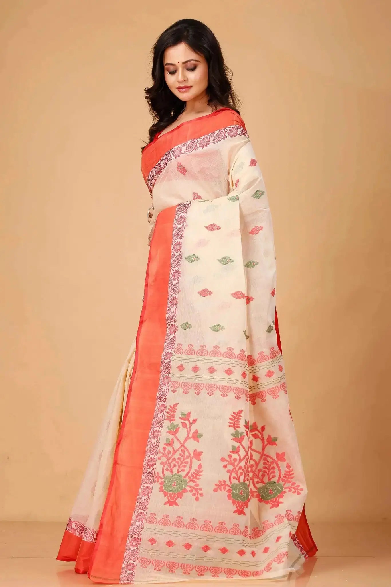 Light Orange- Pure Cotton Bengal Handloom Handwoven Saree With Orange Border