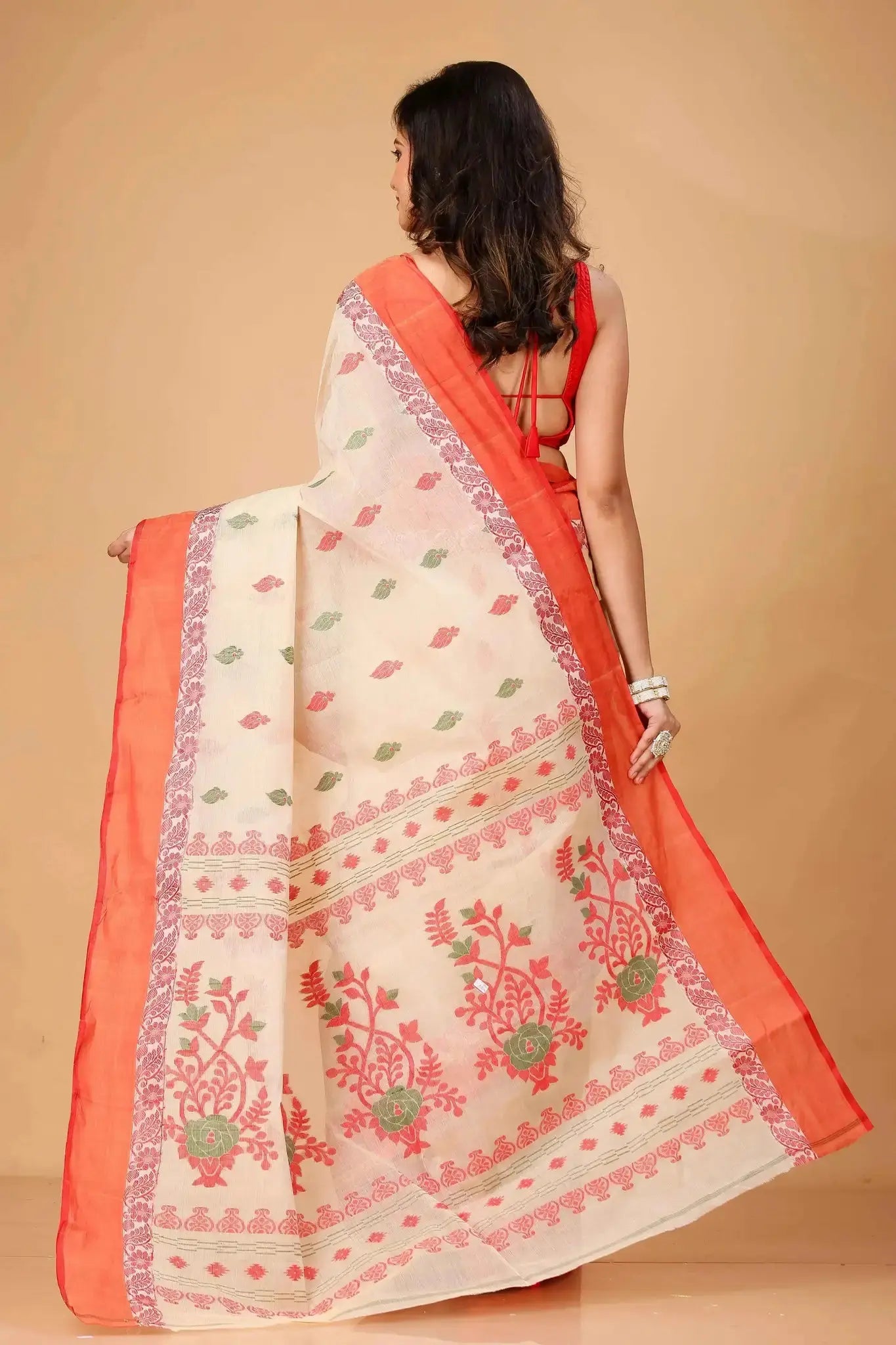 Light Orange- Pure Cotton Bengal Handloom Handwoven Saree With Orange Border