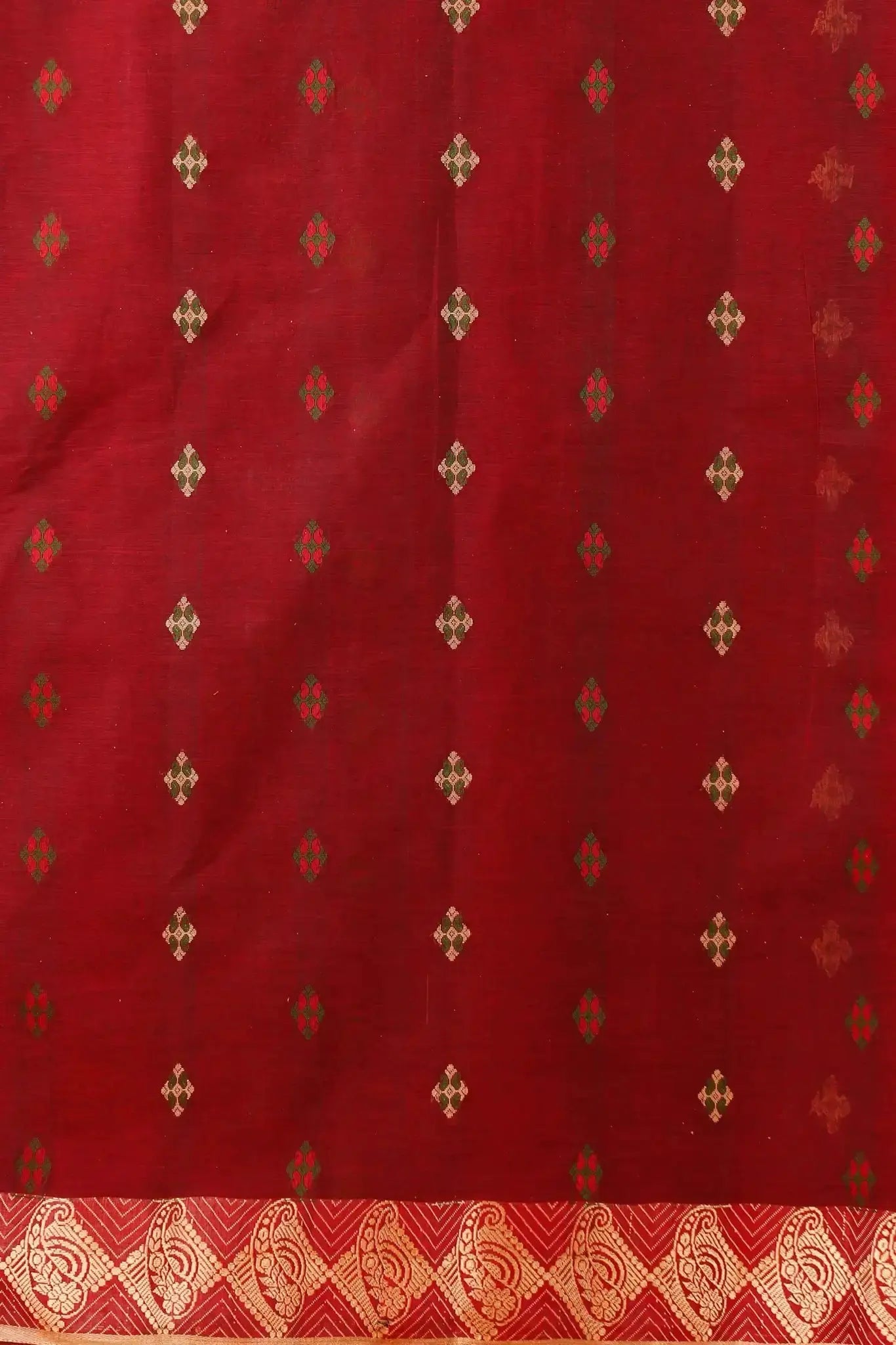 Red- Pure Cotton Bengal Handloom Saree With Golden Geometric Border