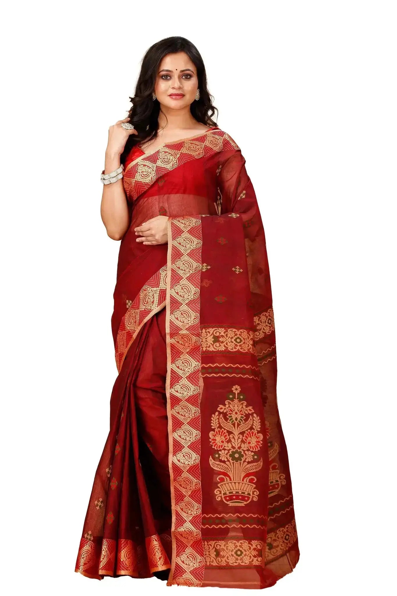 Red- Pure Cotton Bengal Handloom Saree With Golden Geometric Border