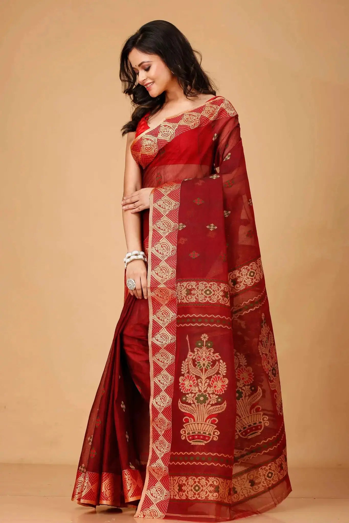 Red- Pure Cotton Bengal Handloom Saree With Golden Geometric Border