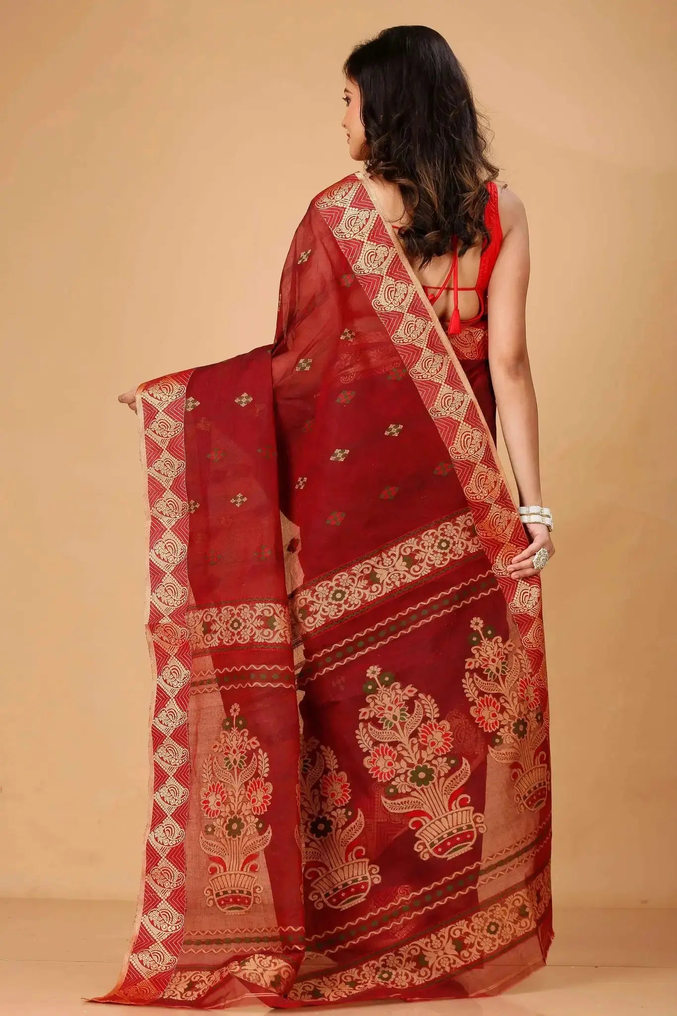 Red- Pure Cotton Bengal Handloom Saree With Golden Geometric Border