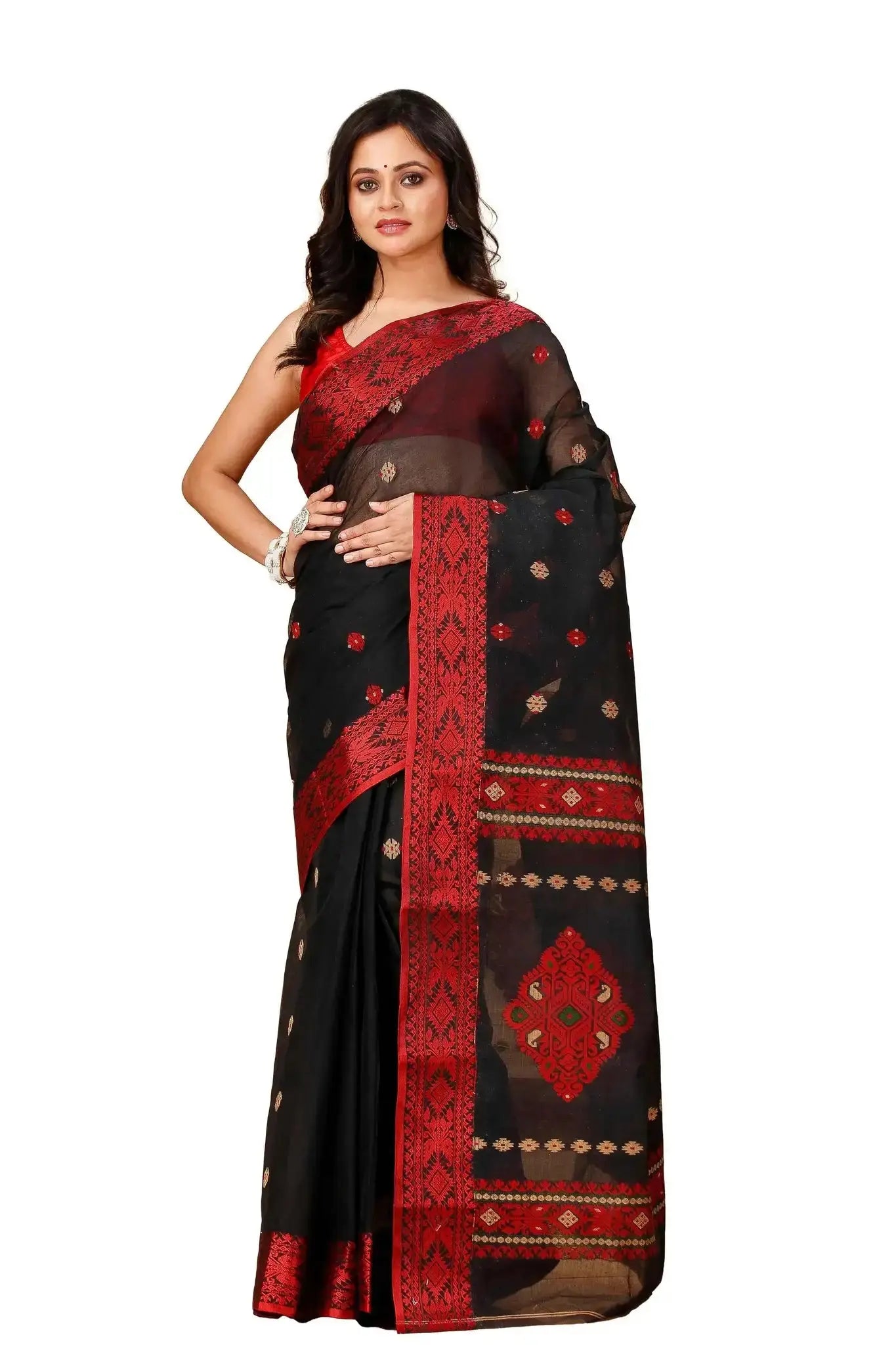 Black & Red- Pure Cotton Bengal Handloom Saree With Traditional Motifs