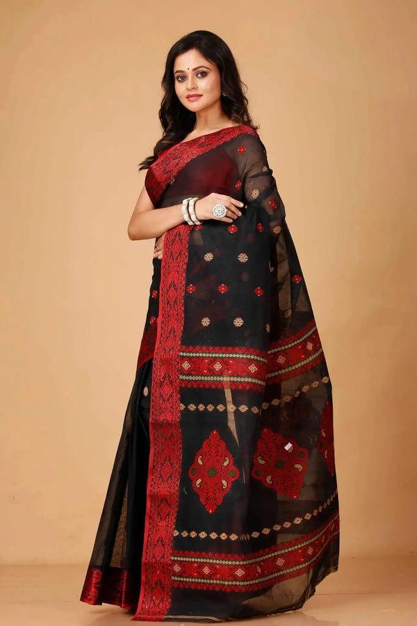 Black & Red- Pure Cotton Bengal Handloom Saree With Traditional Motifs
