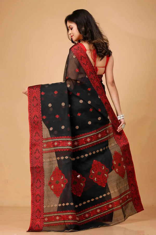 Black & Red- Pure Cotton Bengal Handloom Saree With Traditional Motifs