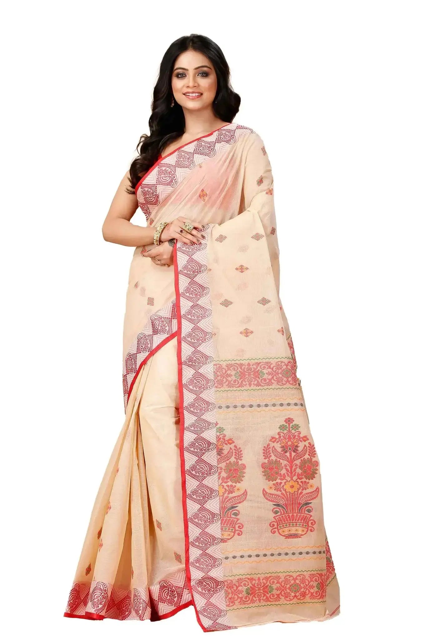 Reddish Orange- Pure Cotton Bengal Handloom Saree With Red Geometric Border