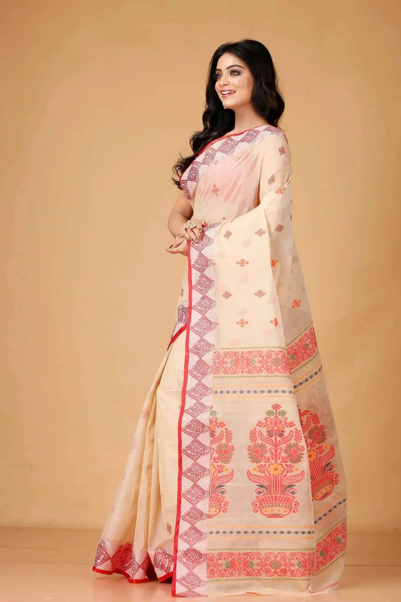 Reddish Orange- Pure Cotton Bengal Handloom Saree With Red Geometric Border