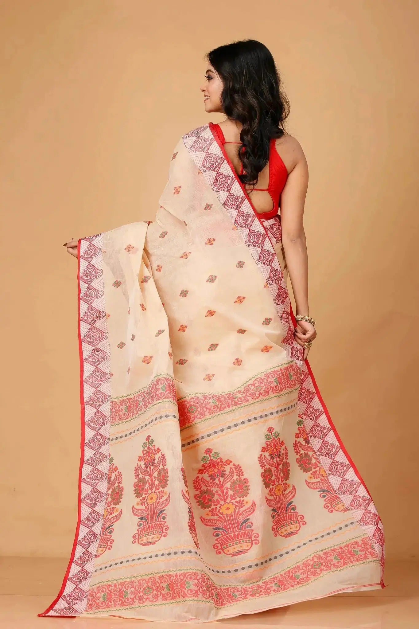 Reddish Orange- Pure Cotton Bengal Handloom Saree With Red Geometric Border