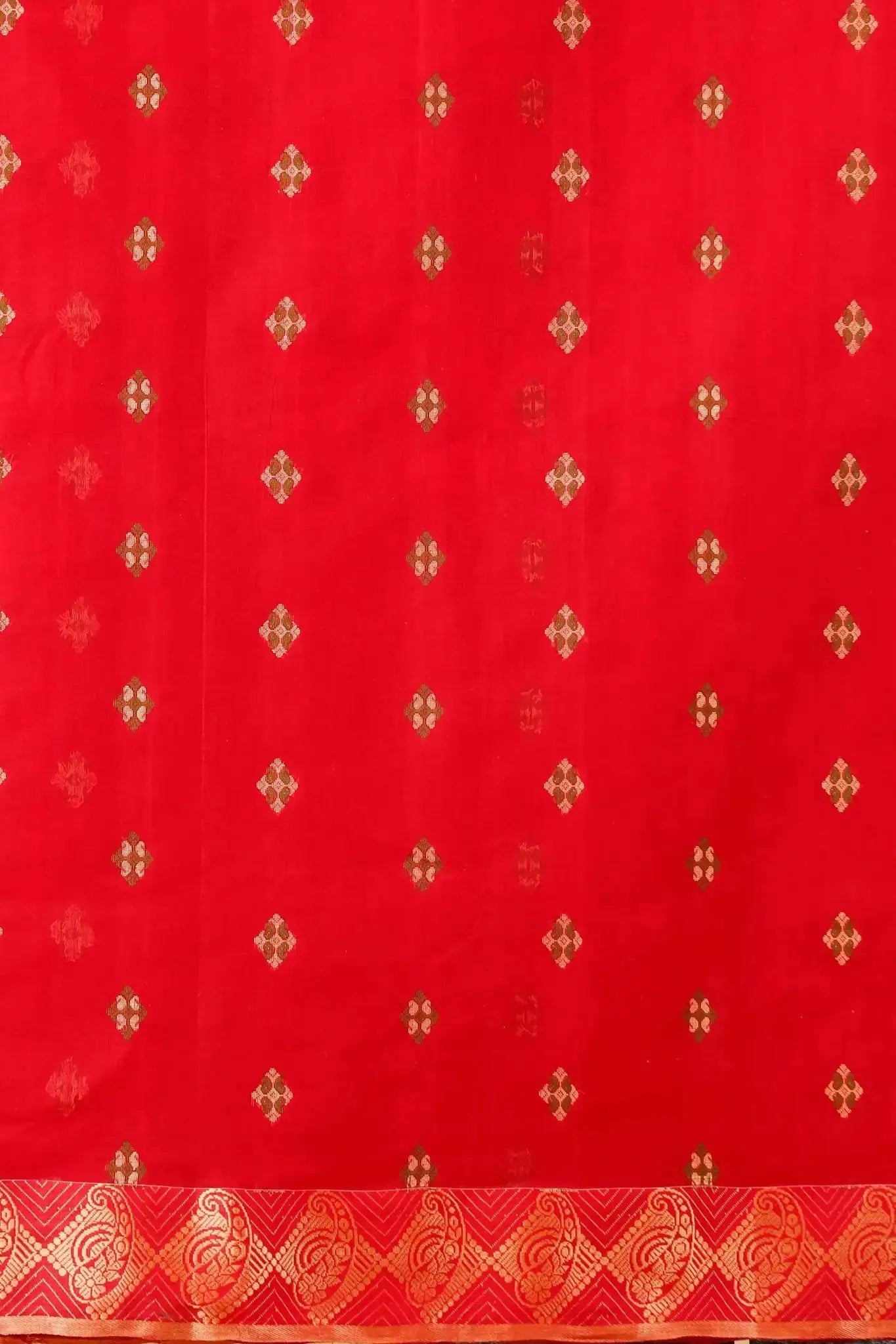 Lava Red- Pure Cotton Bengal Handloom Saree With Gold Geometric Border and Pallu