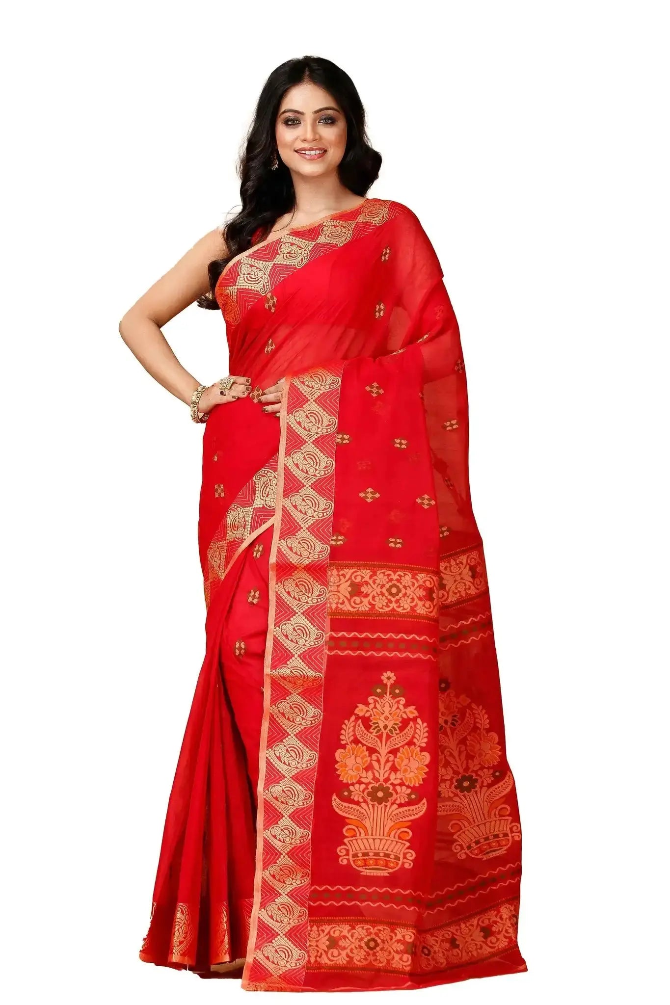 Lava Red- Pure Cotton Bengal Handloom Saree With Gold Geometric Border and Pallu