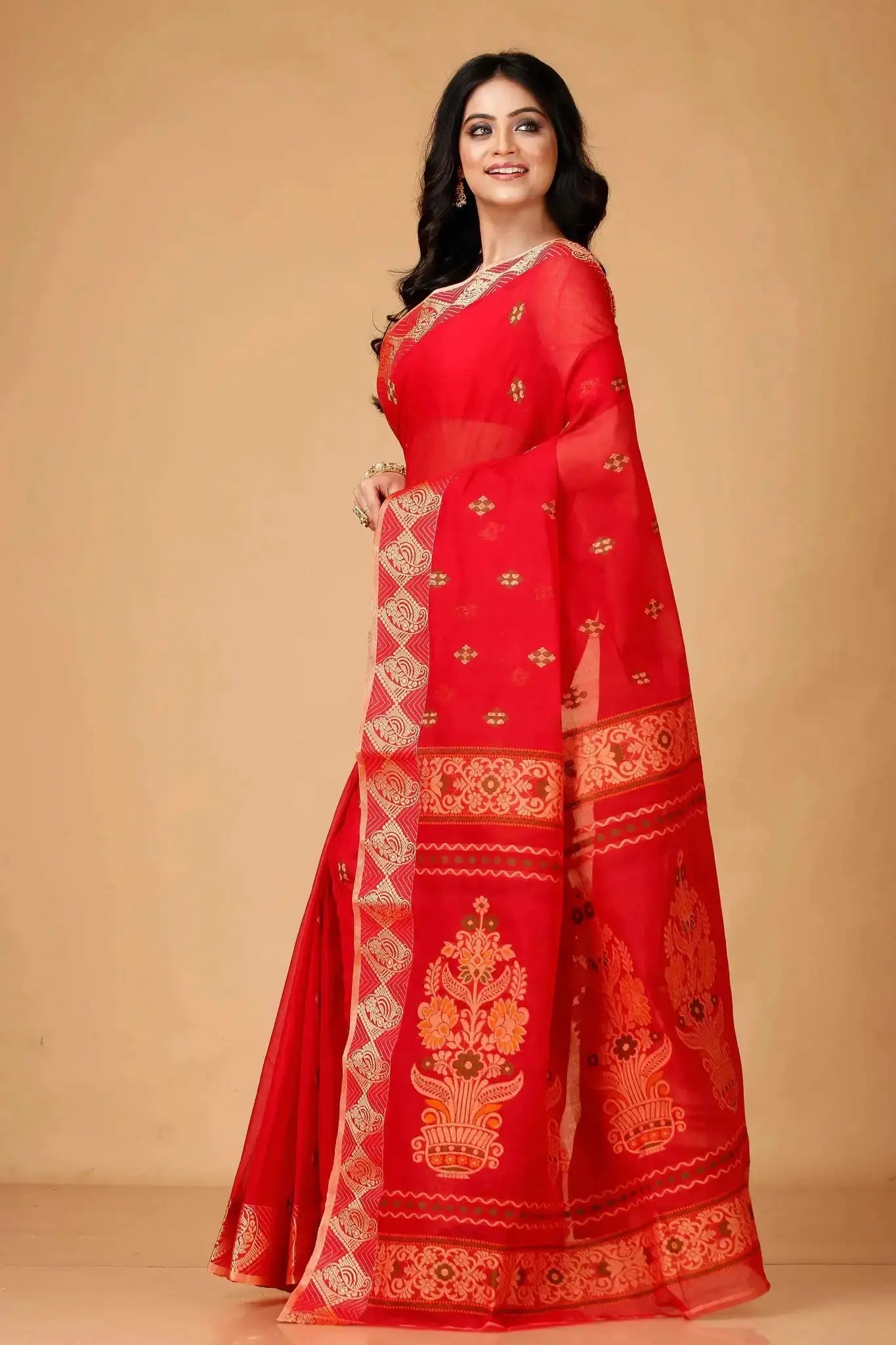 Lava Red- Pure Cotton Bengal Handloom Saree With Gold Geometric Border and Pallu