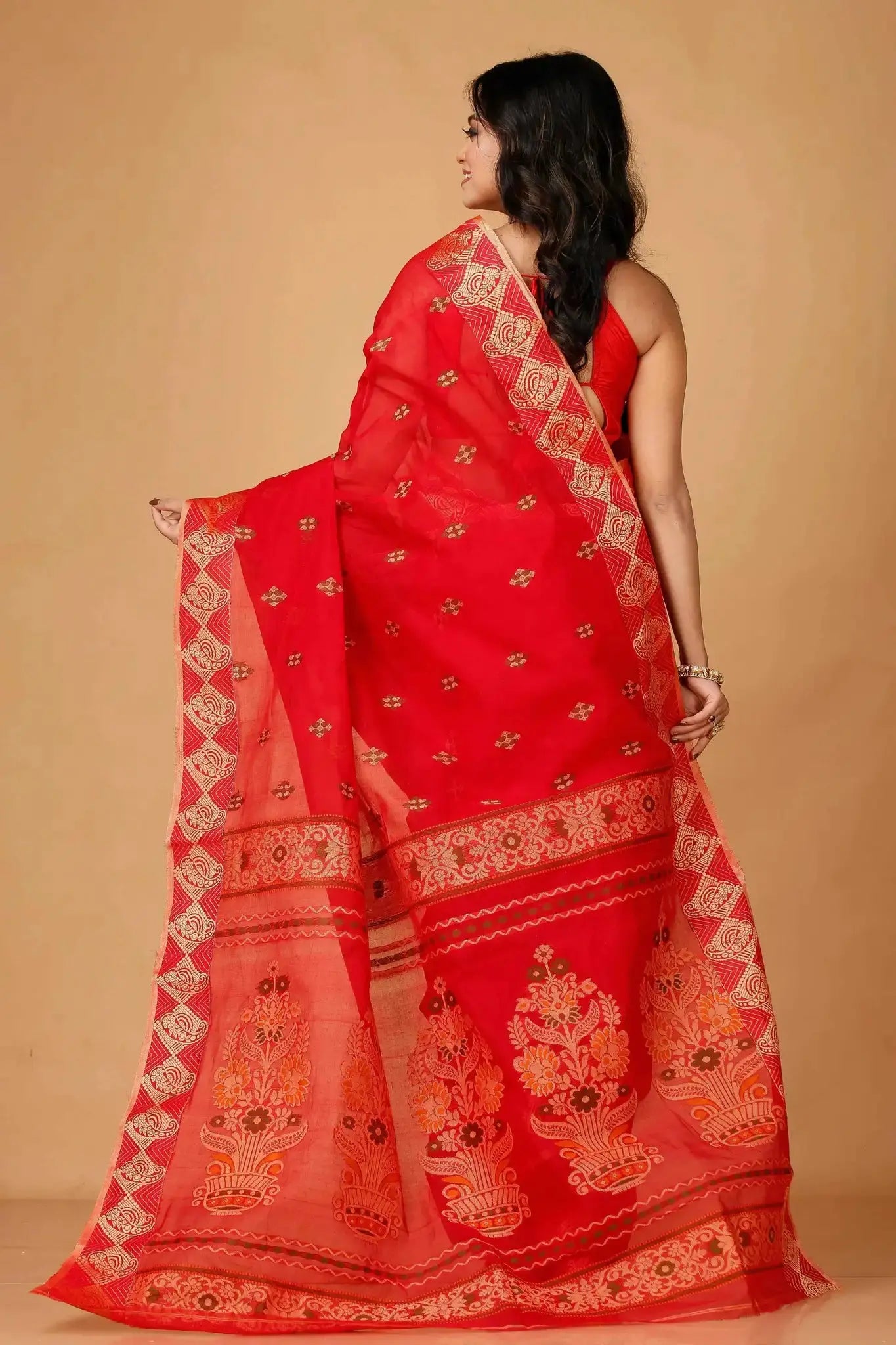 Lava Red- Pure Cotton Bengal Handloom Saree With Gold Geometric Border and Pallu