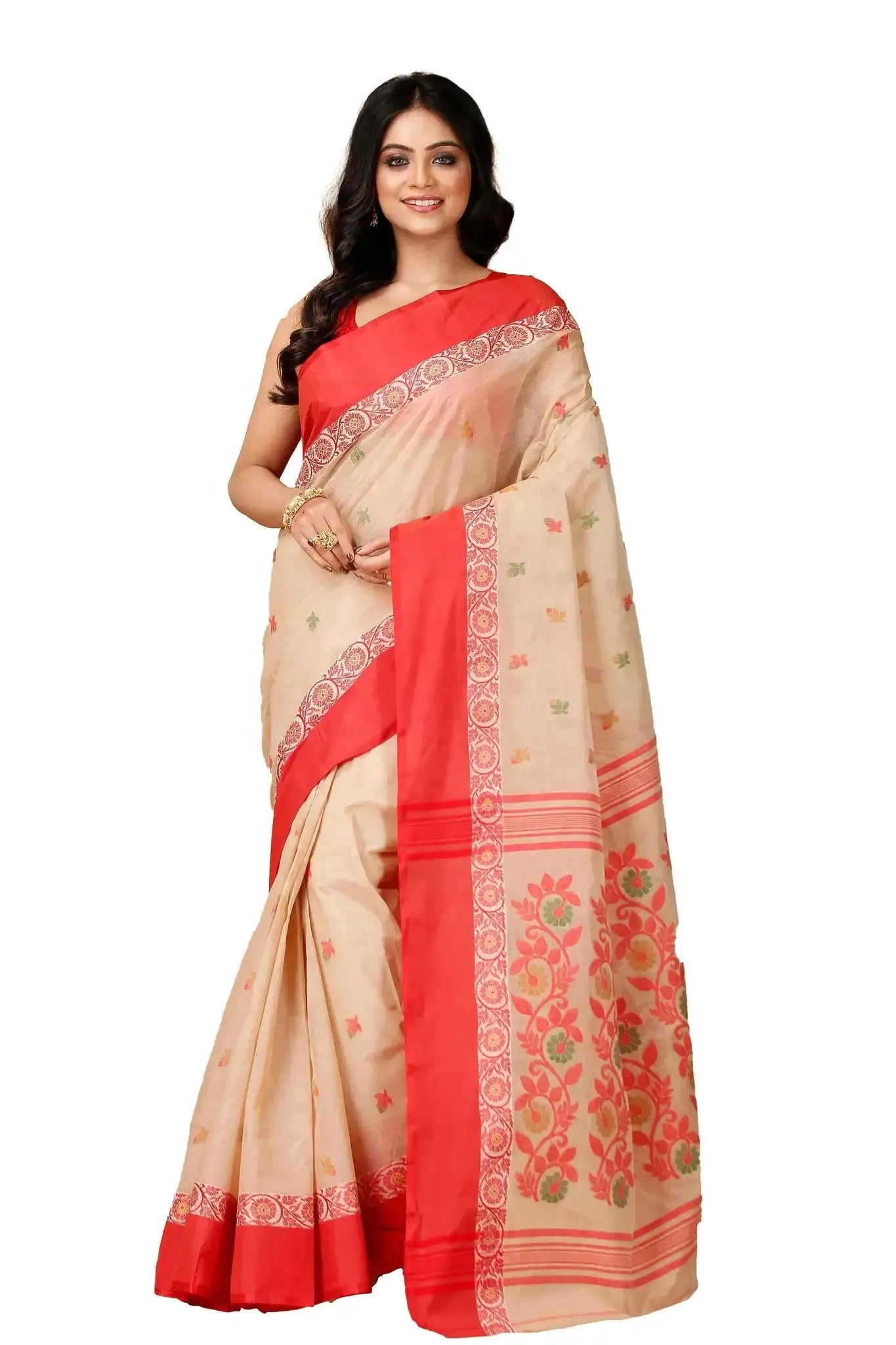 Red Orange- Pure Cotton Bengal Handloom Handwoven Saree With Rich Border & Pallu