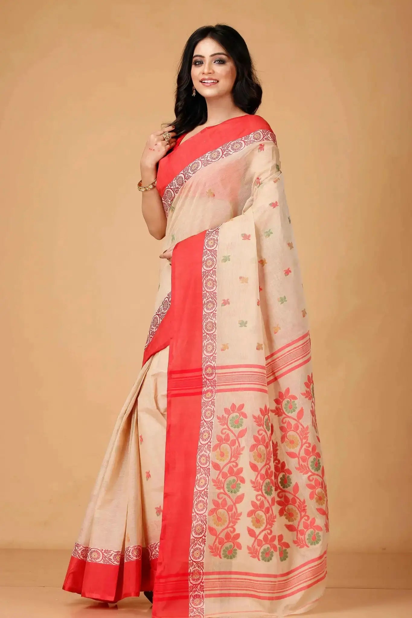 Red Orange- Pure Cotton Bengal Handloom Handwoven Saree With Rich Border & Pallu