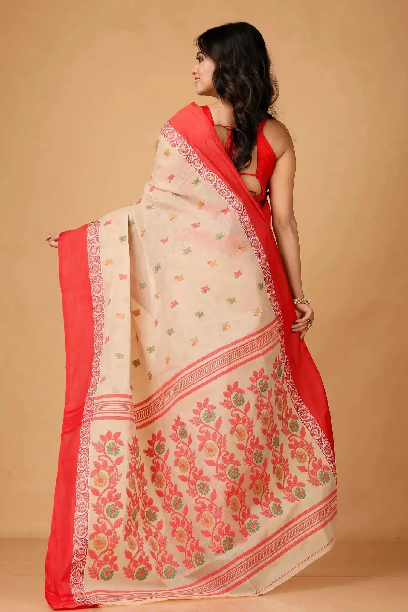 Red Orange- Pure Cotton Bengal Handloom Handwoven Saree With Rich Border & Pallu