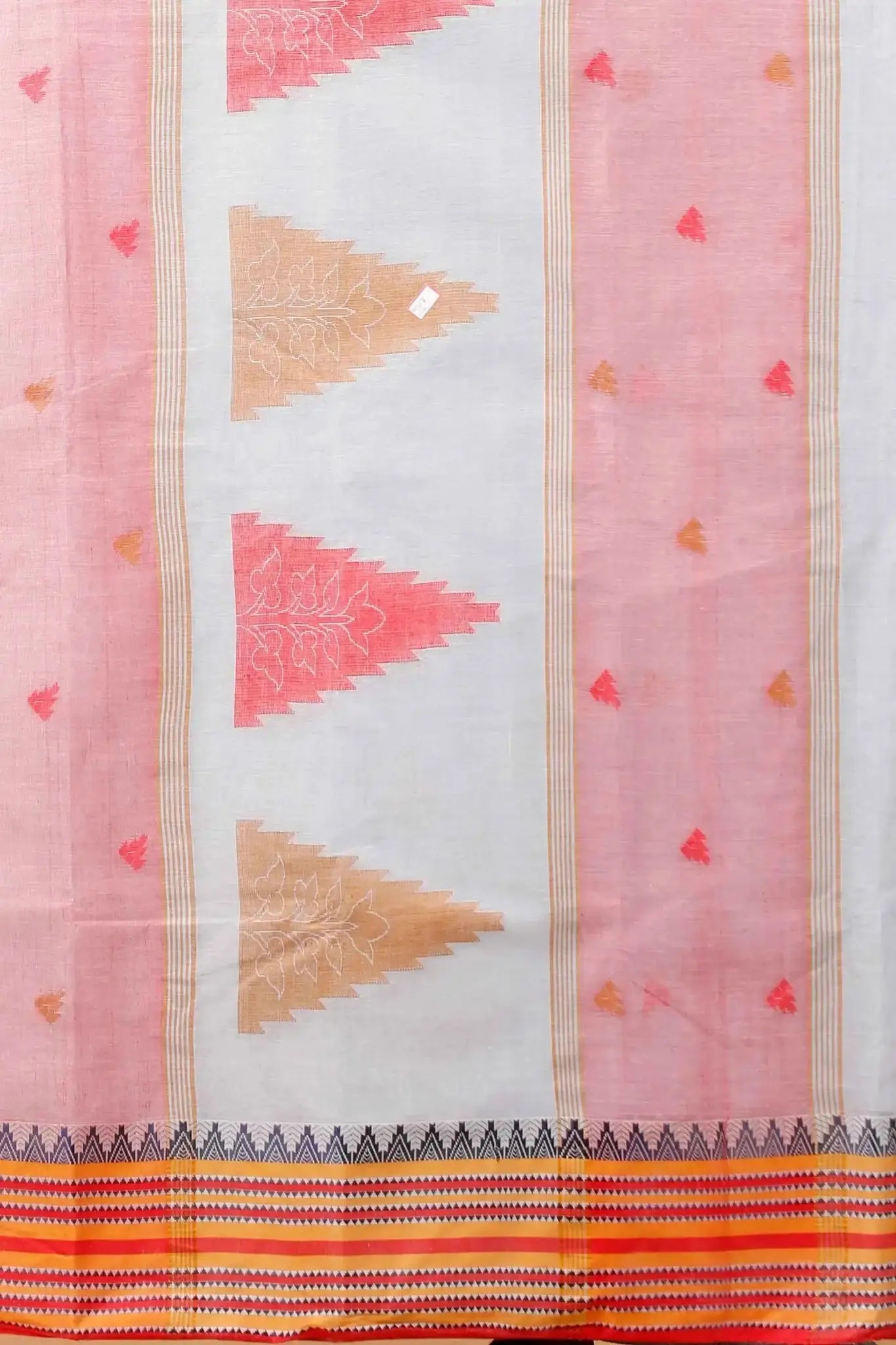 Light Grey- Pure Cotton Bengal Handloom Saree With Orange Red Striped Border