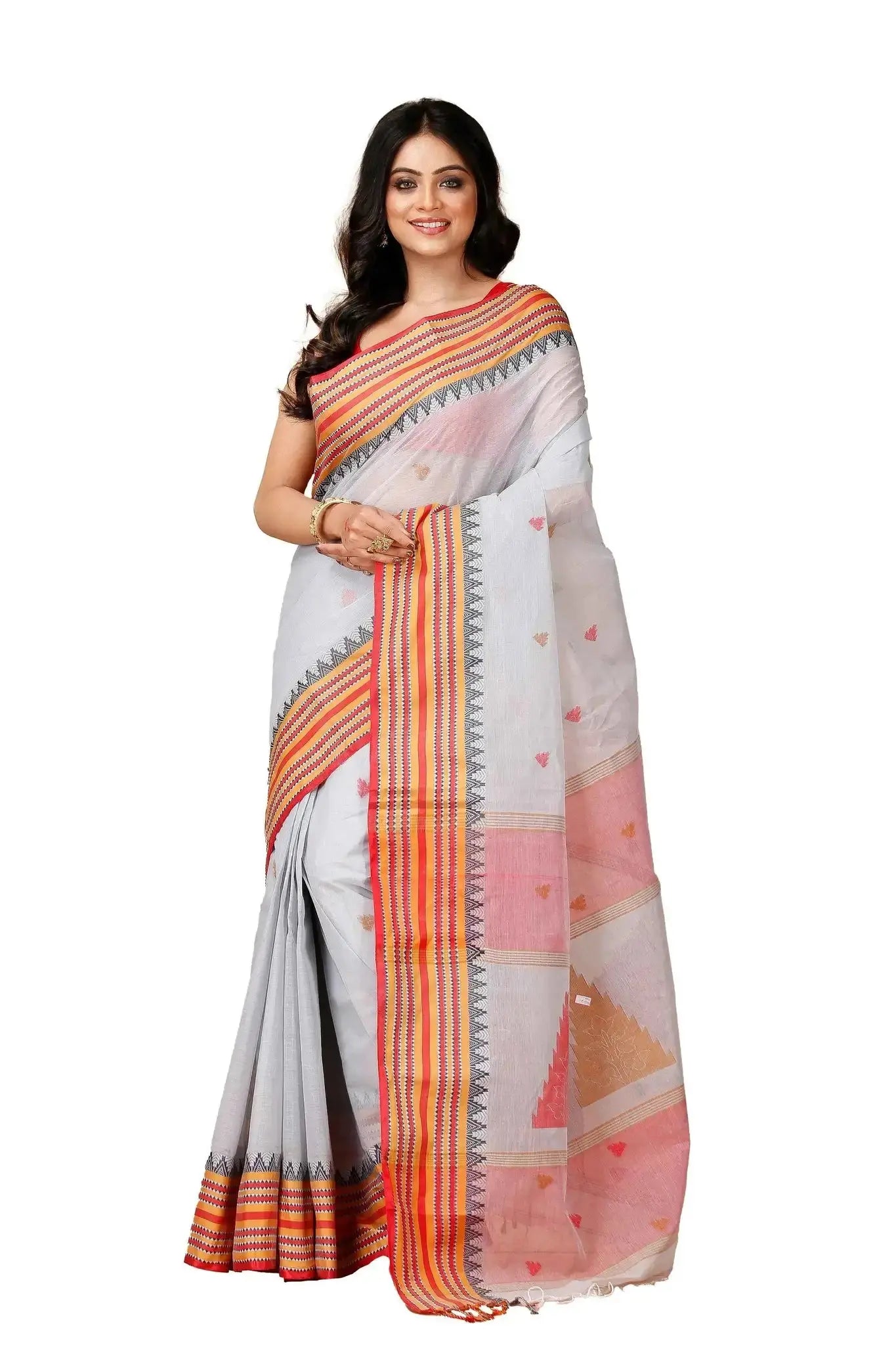 Light Grey- Pure Cotton Bengal Handloom Saree With Orange Red Striped Border