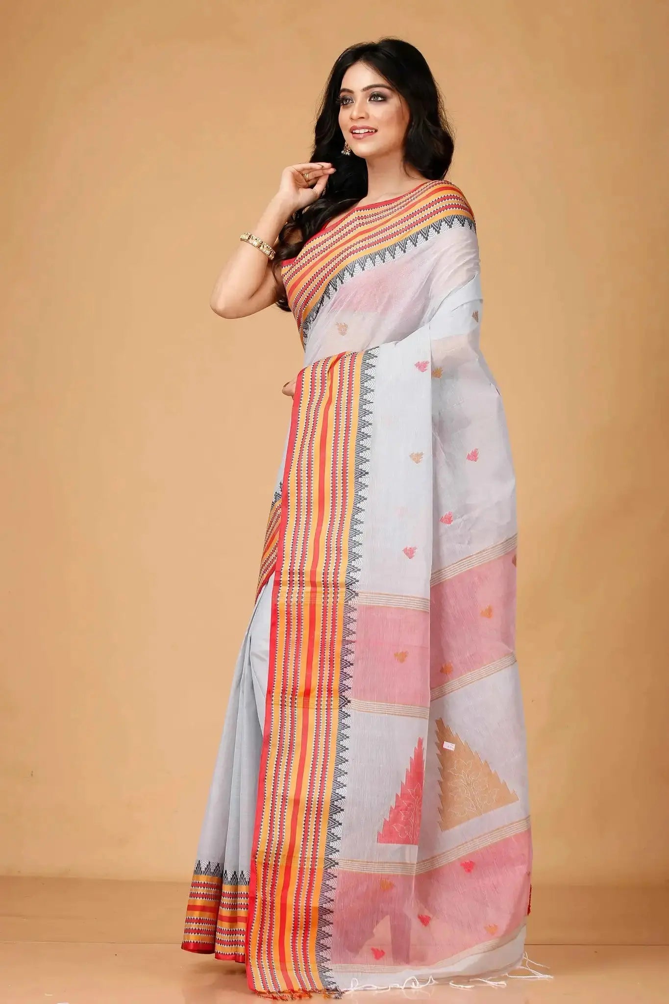 Light Grey- Pure Cotton Bengal Handloom Saree With Orange Red Striped Border