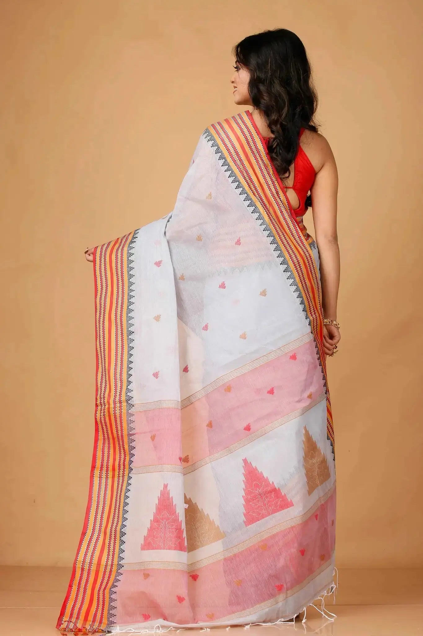 Light Grey- Pure Cotton Bengal Handloom Saree With Orange Red Striped Border