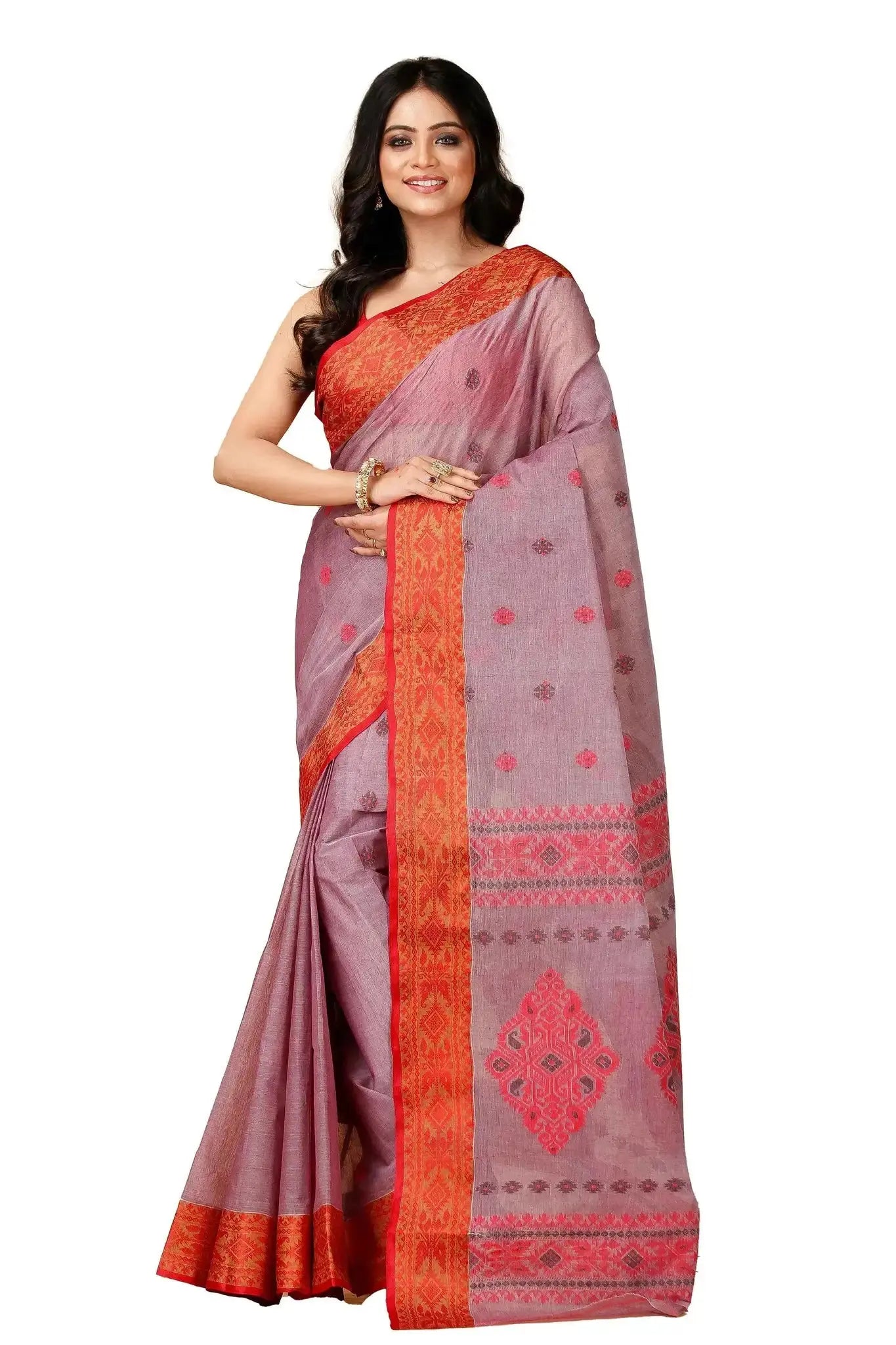 Pink & Red- Pure Cotton Bengal Handloom Classic Saree With Contrasting Border