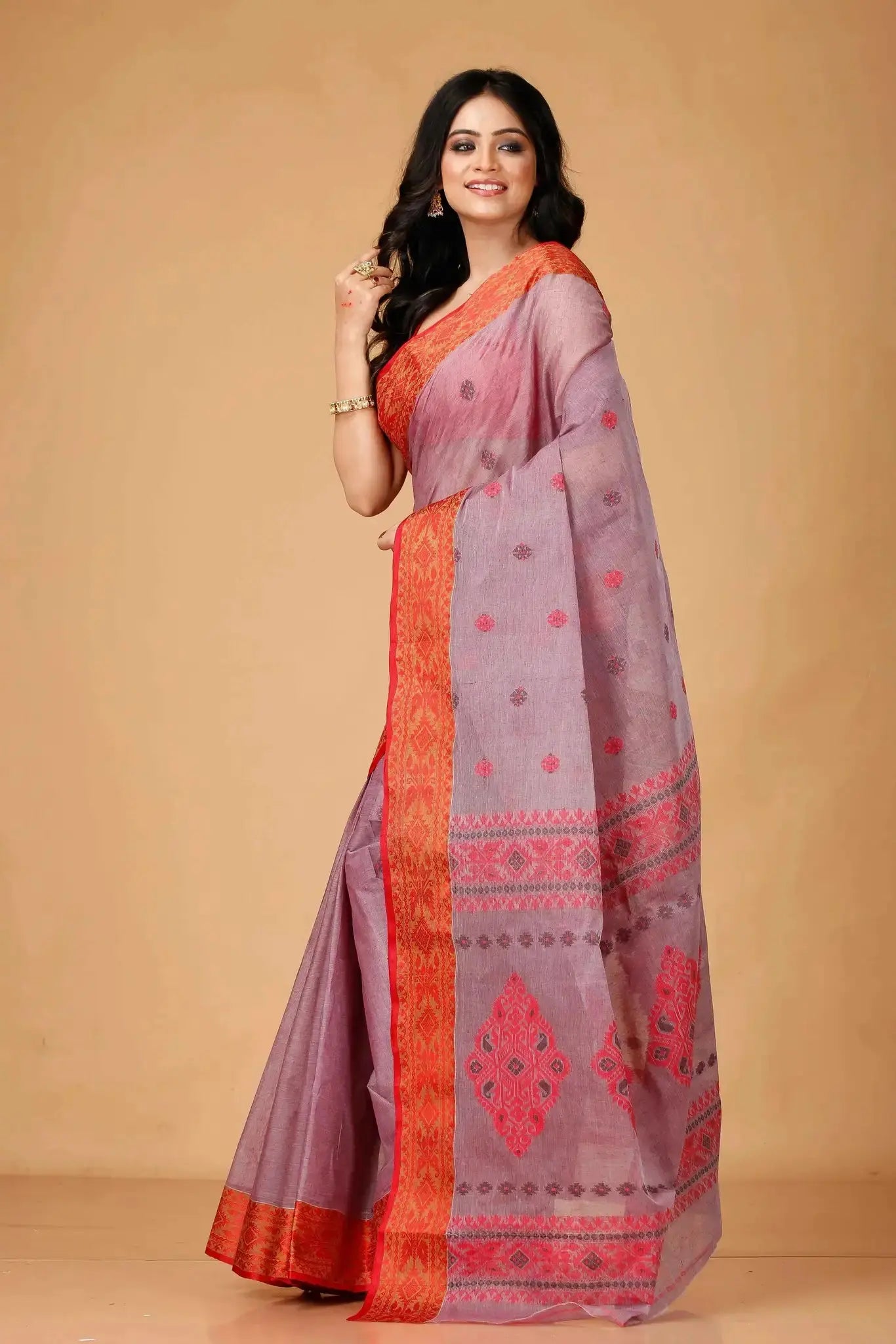 Pink & Red- Pure Cotton Bengal Handloom Classic Saree With Contrasting Border