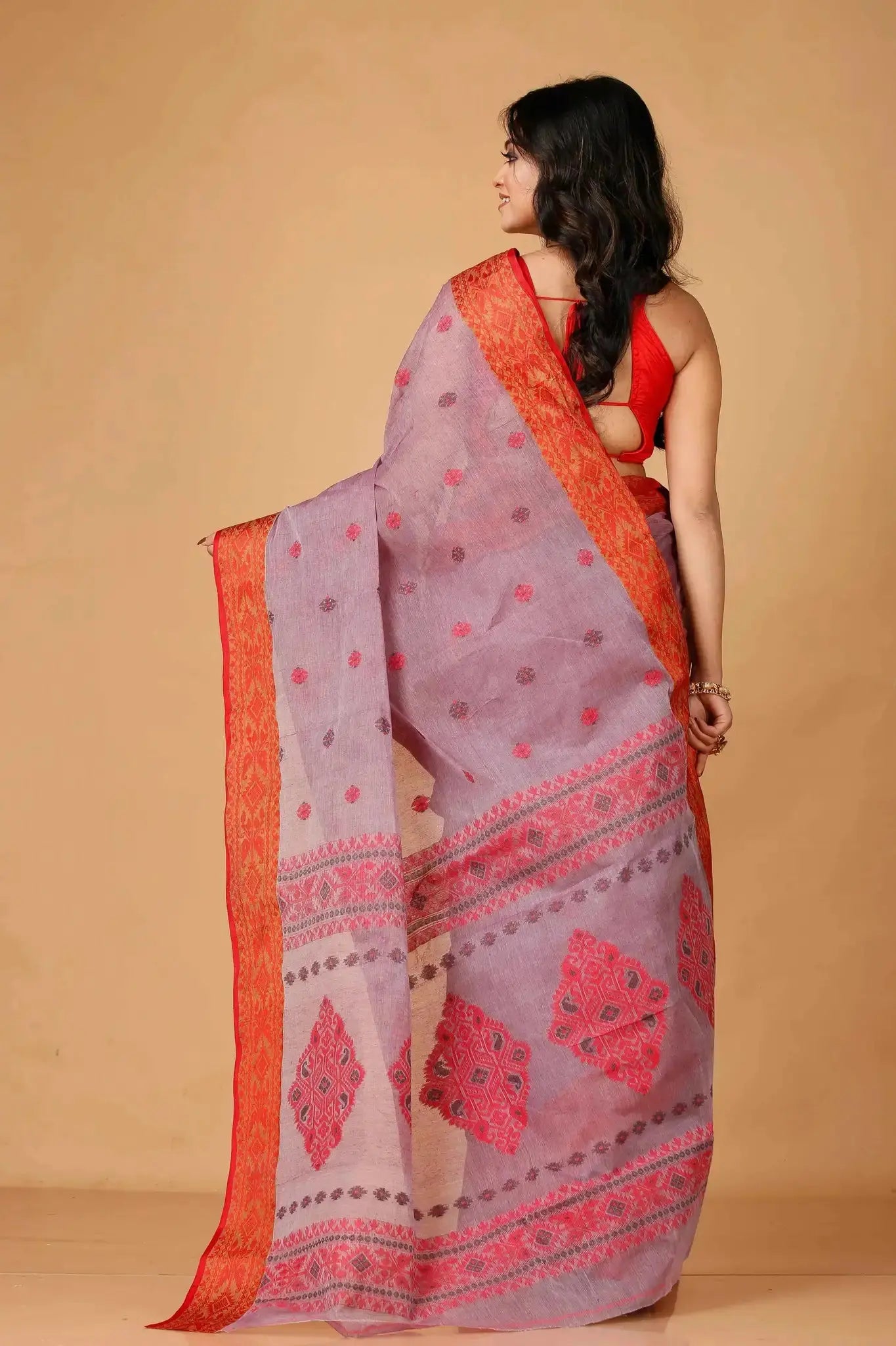 Pink & Red- Pure Cotton Bengal Handloom Classic Saree With Contrasting Border