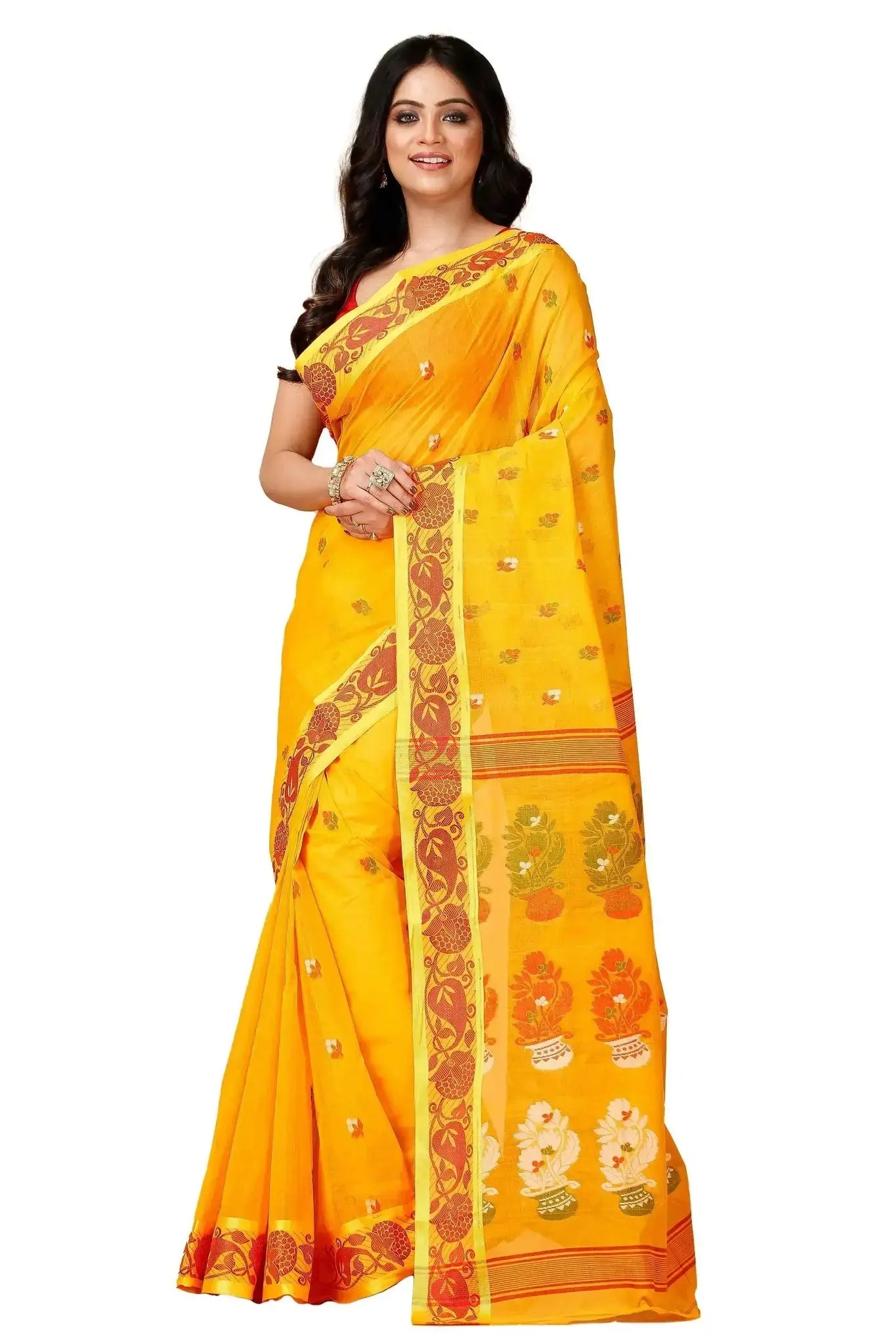Bright Gold- Pure Cotton Bengal Handloom Saree With Floral Patterns Border