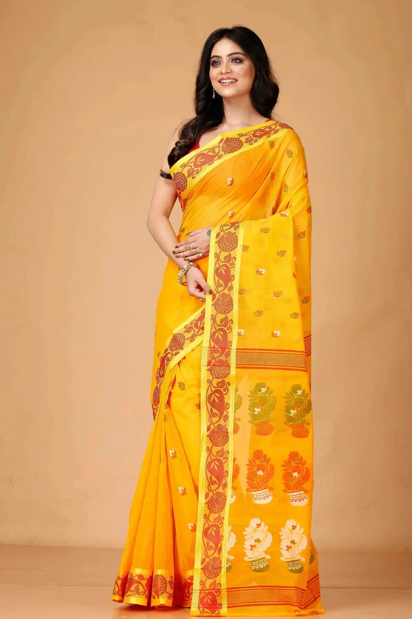 Bright Gold- Pure Cotton Bengal Handloom Saree With Floral Patterns Border