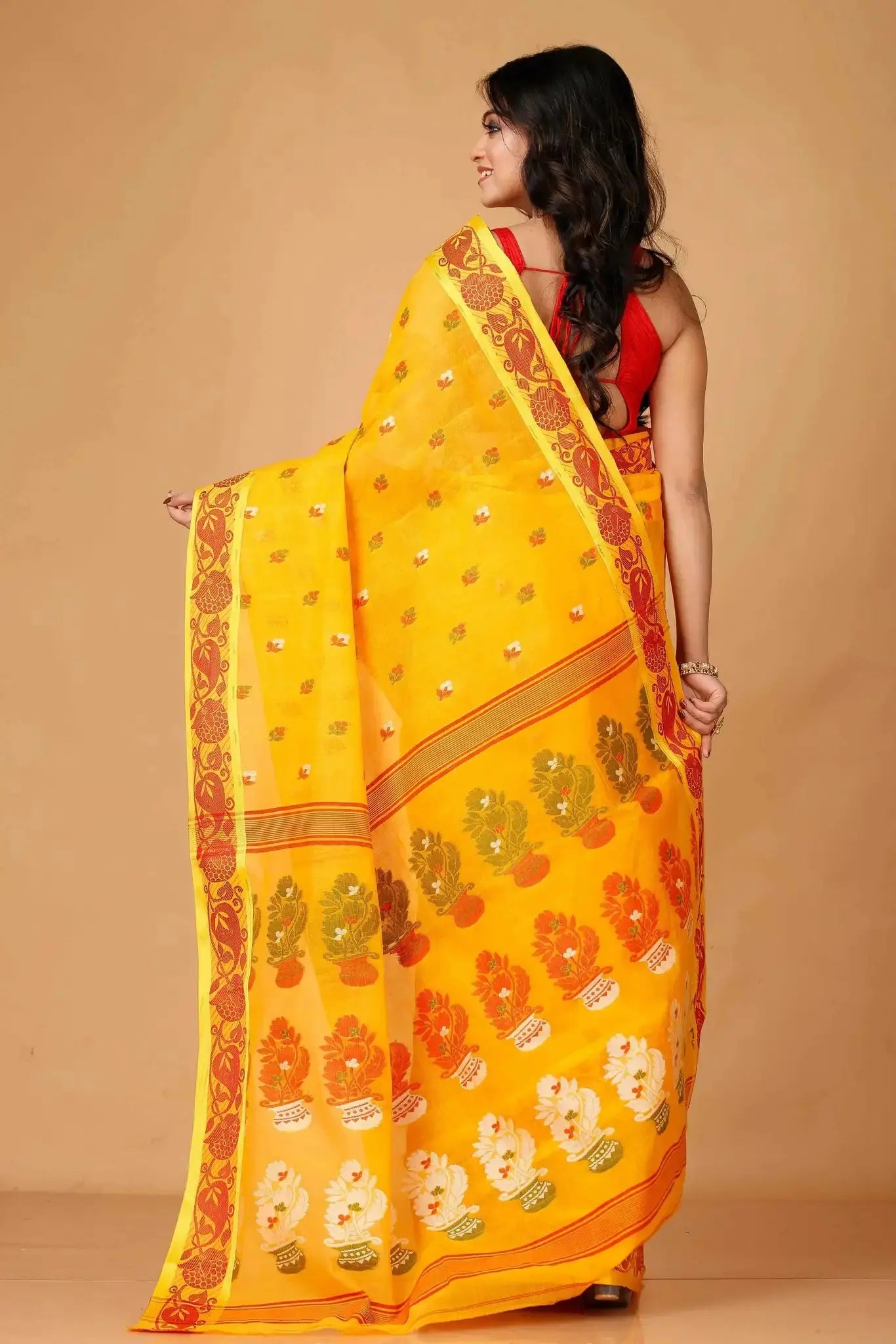 Bright Gold- Pure Cotton Bengal Handloom Saree With Floral Patterns Border