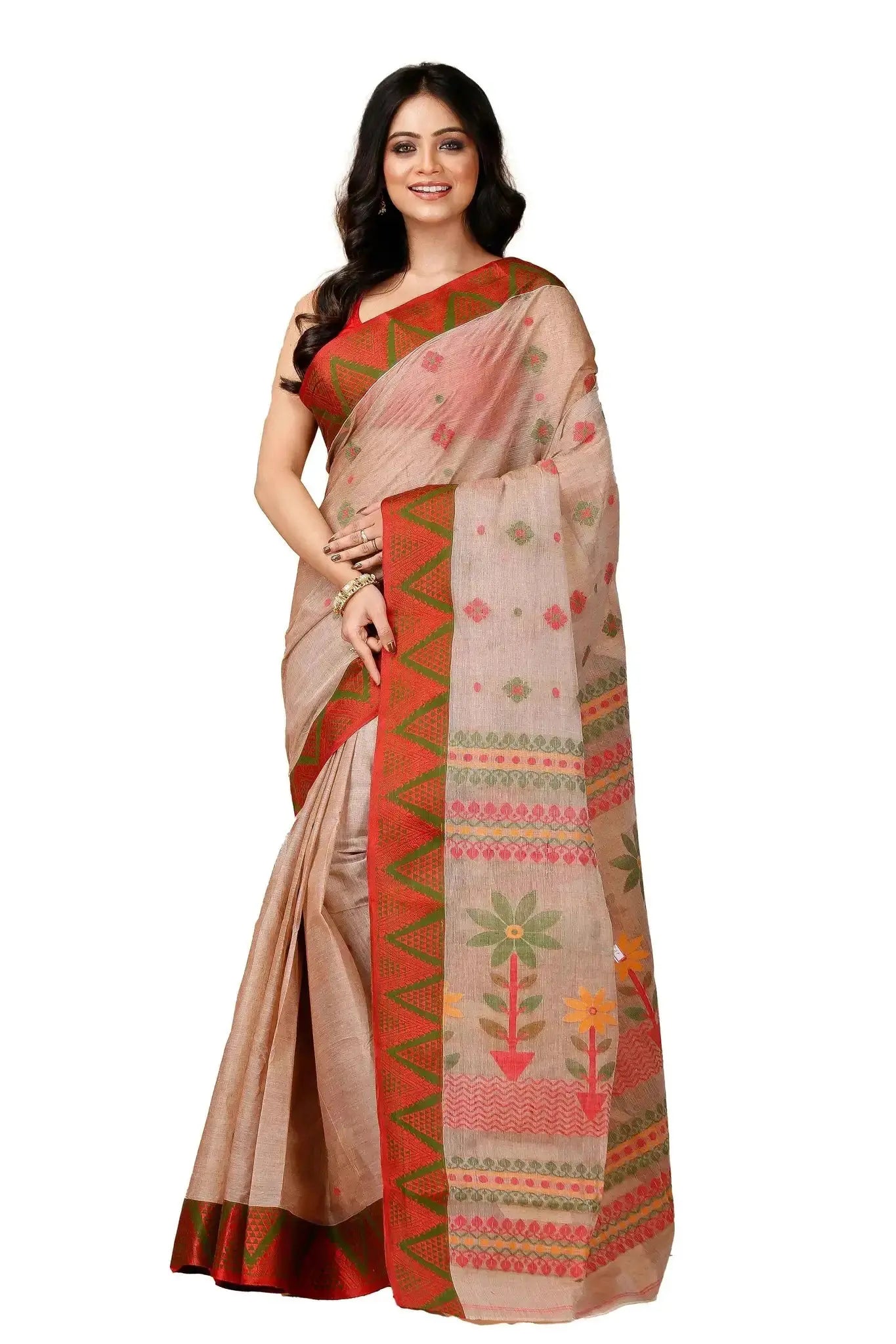 Pinkish Grey- Pure Cotton Bengal Handloom Traditional Indian Saree