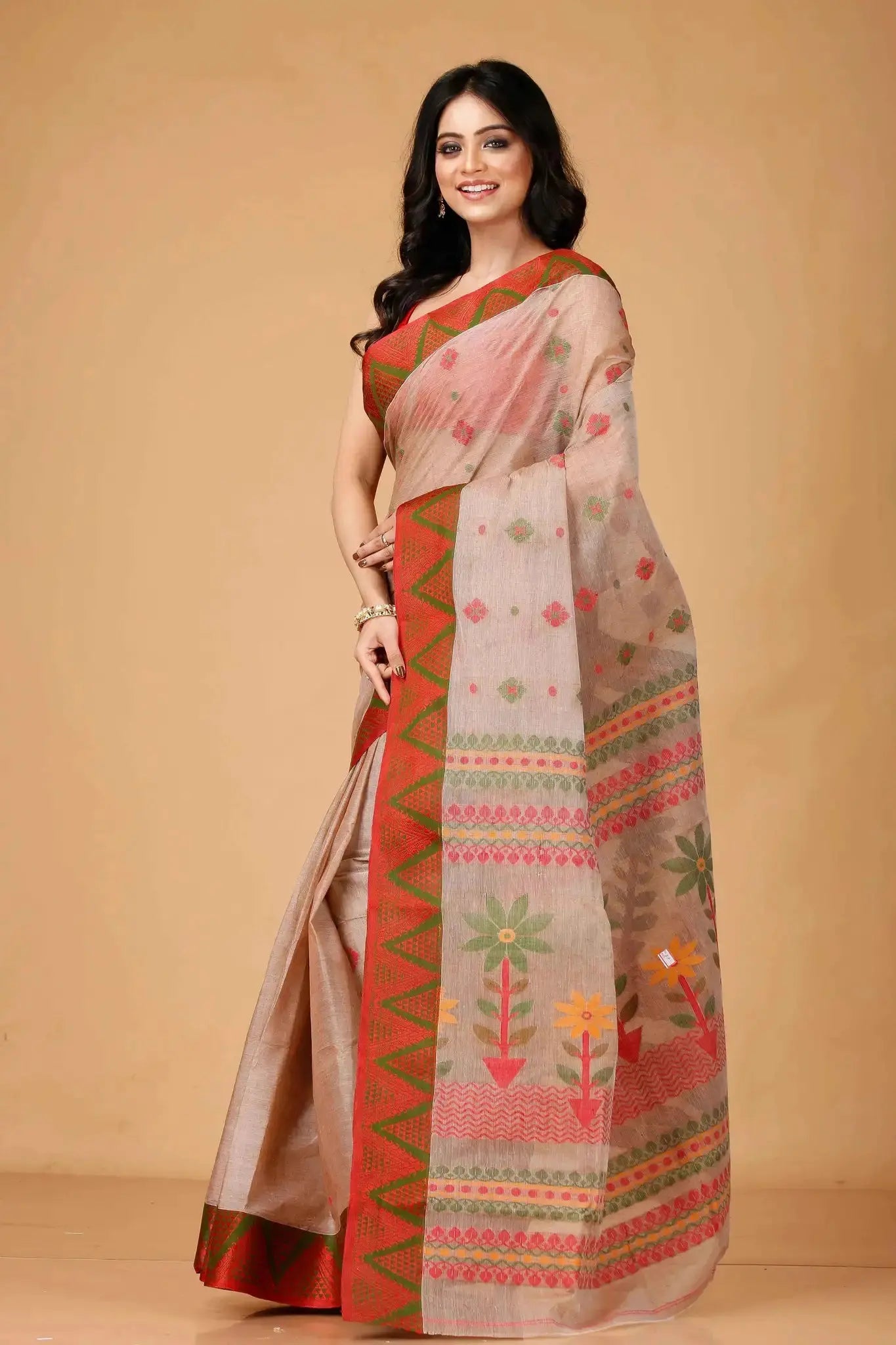 Pinkish Grey- Pure Cotton Bengal Handloom Traditional Indian Saree