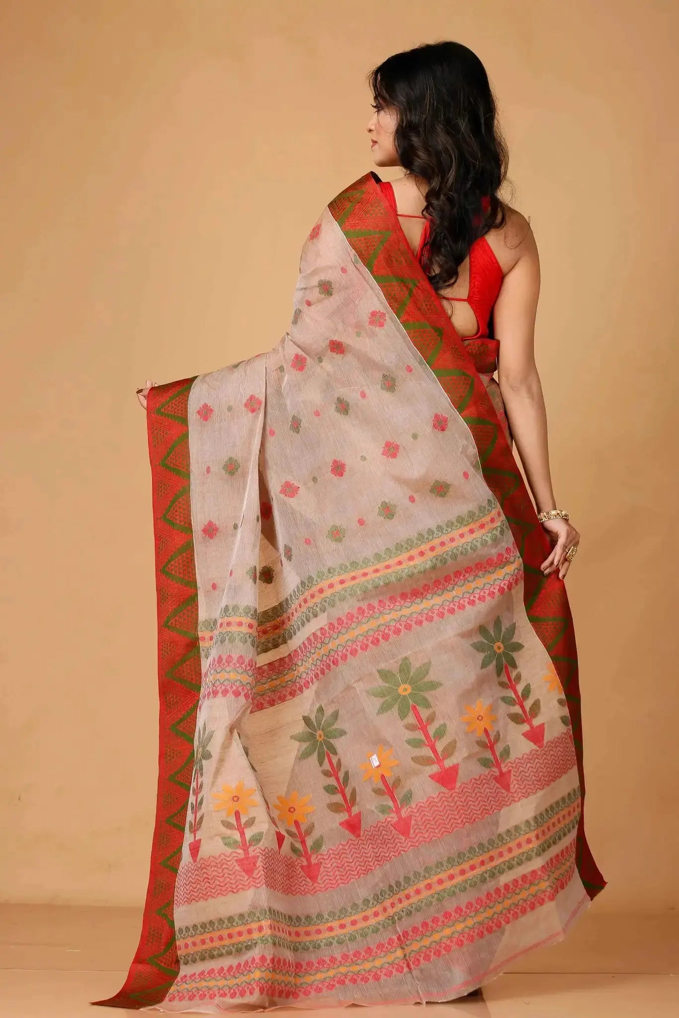 Pinkish Grey- Pure Cotton Bengal Handloom Traditional Indian Saree