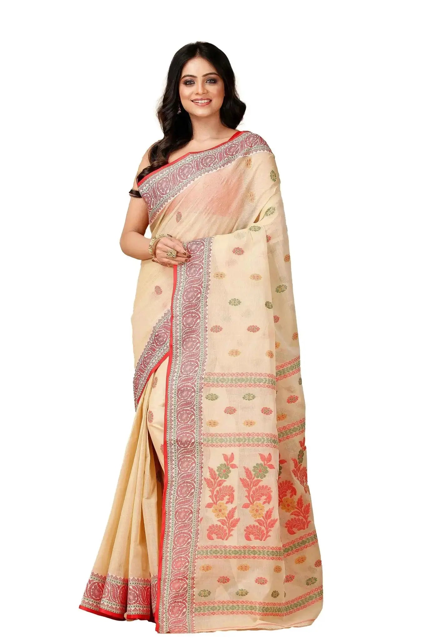Oyster Pink- Pure Cotton Bengal Handloom Saree With Elegant Woven Motifs