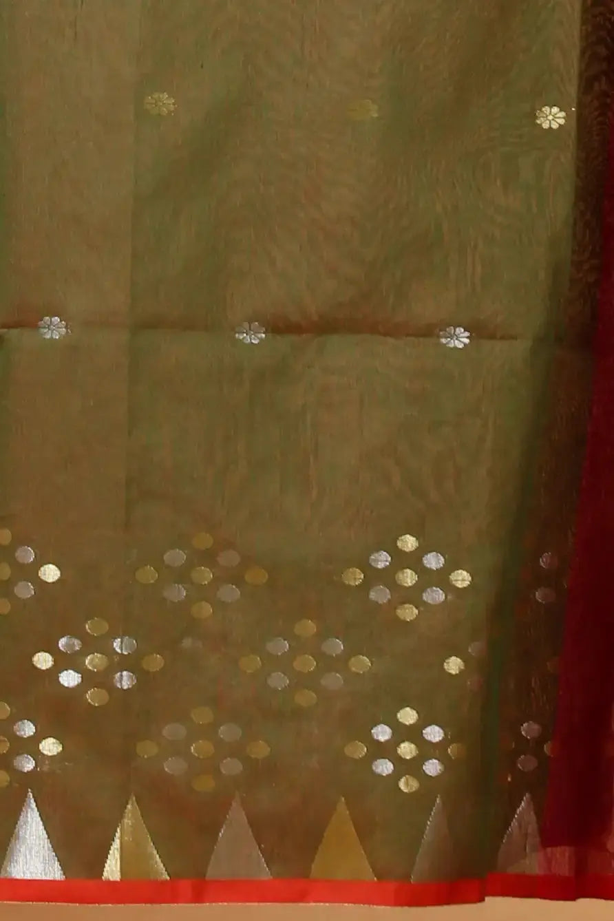 Bellu Cotton Handloom Fancy Saree- Woodland With Green Traditional Geometric Pattern - Grivana