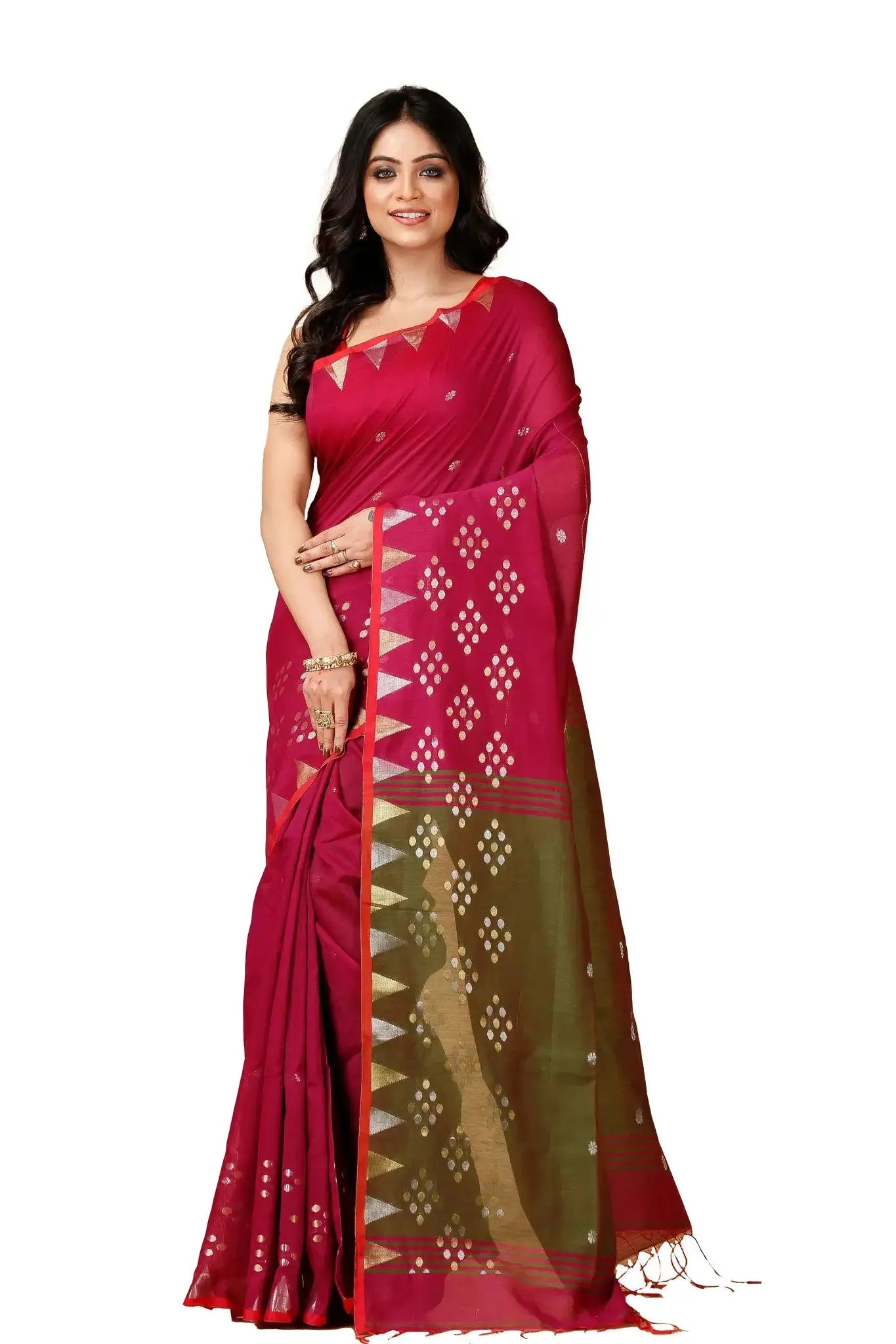 Bellu Cotton Handloom Fancy Saree- Woodland With Green Traditional Geometric Pattern - Grivana