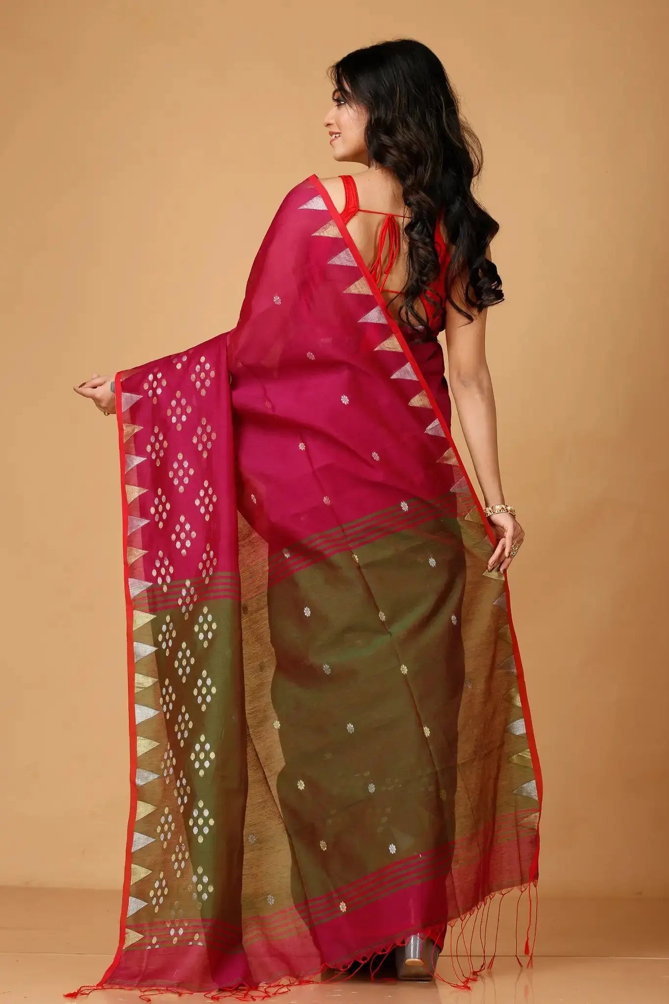Bellu Cotton Handloom Fancy Saree- Woodland With Green Traditional Geometric Pattern - Grivana