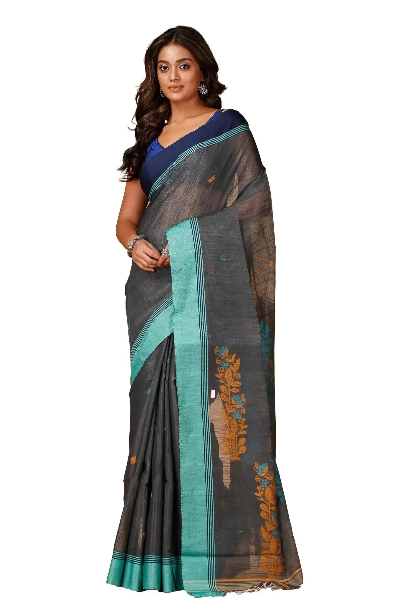 Elegant Black & Green Manipuri Cotton Saree With Blue & Mustard Woven Border