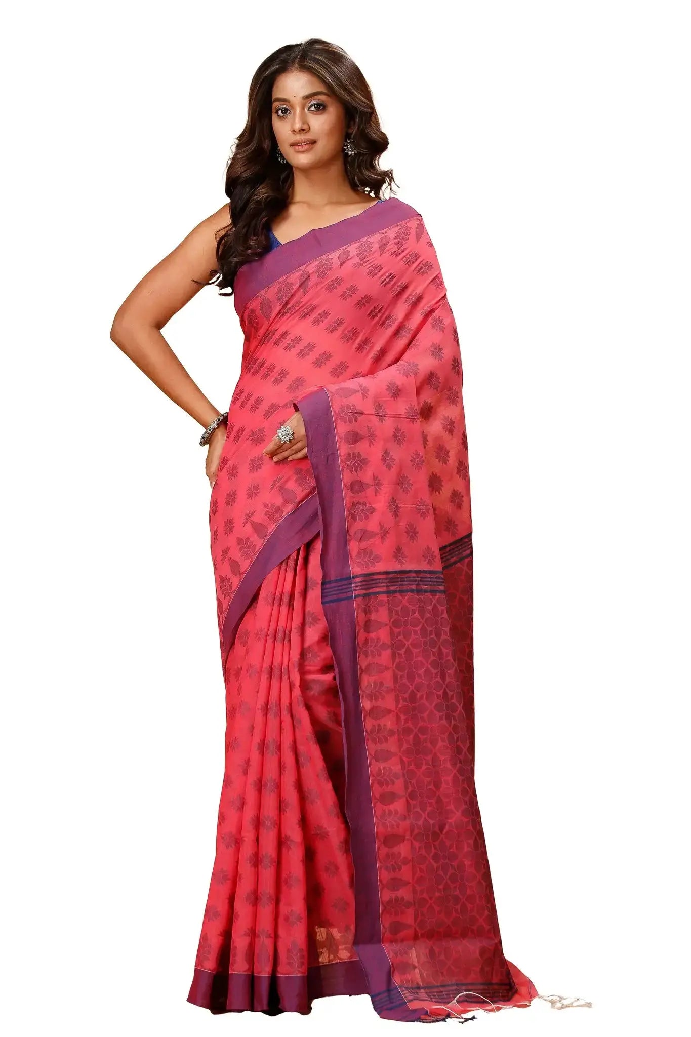 Coral Red- Bellu Cotton Handloom Fancy Saree Traditional Contrast Border - Grivana