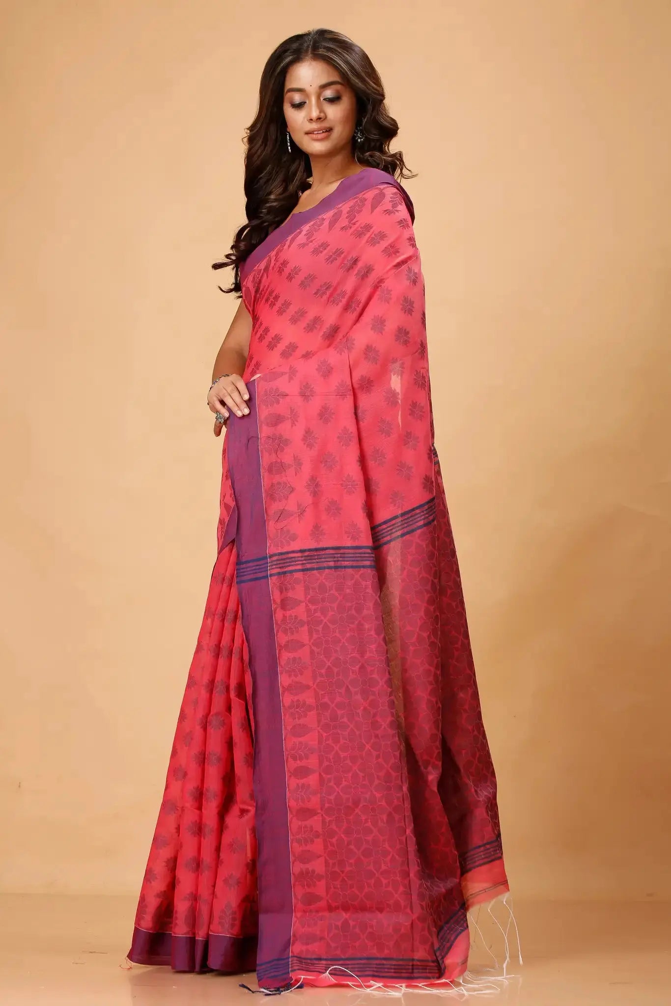 Coral Red- Bellu Cotton Handloom Fancy Saree Traditional Contrast Border - Grivana