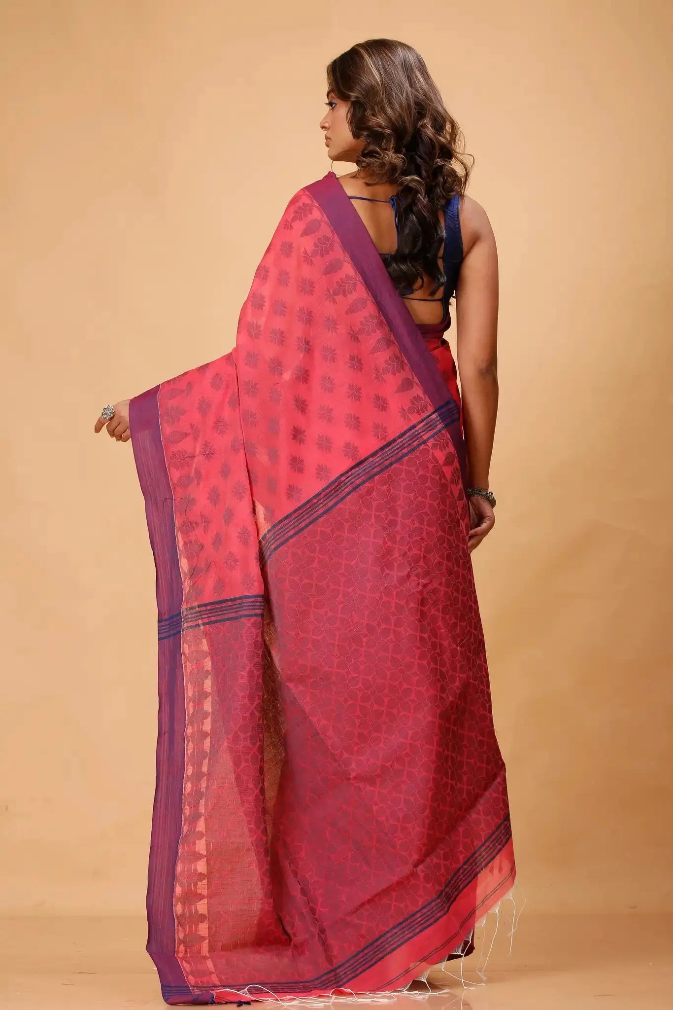 Coral Red- Bellu Cotton Handloom Fancy Saree Traditional Contrast Border - Grivana