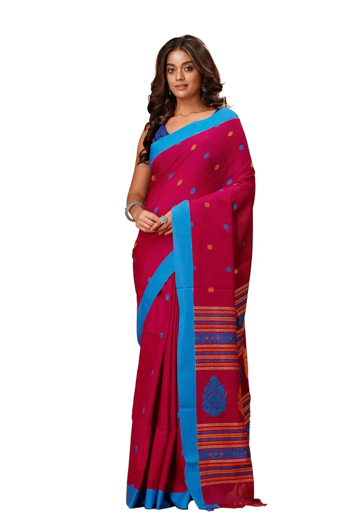 Pink & Blue Border Woven Pallu Manipuri Cotton Saree